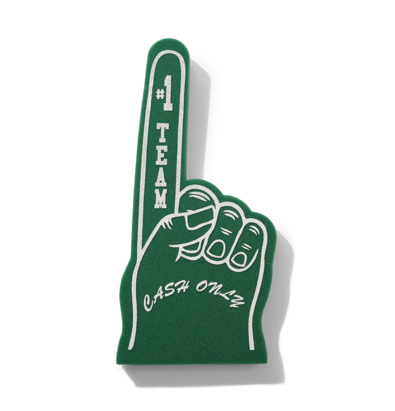Green foam finger with '1 Team Cash Only' text on a white background