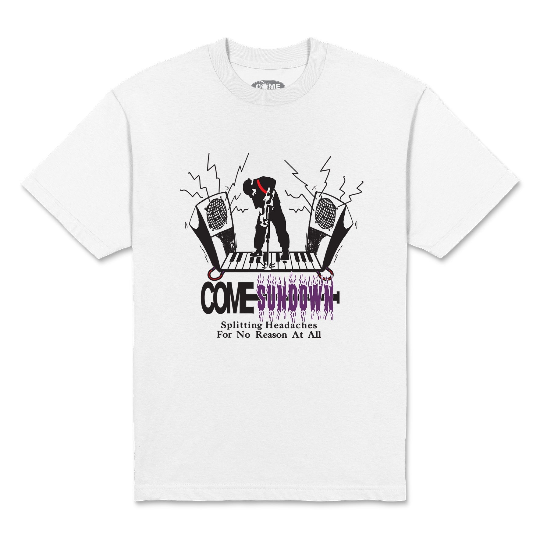 White t-shirt with graphic design and text on a white background
