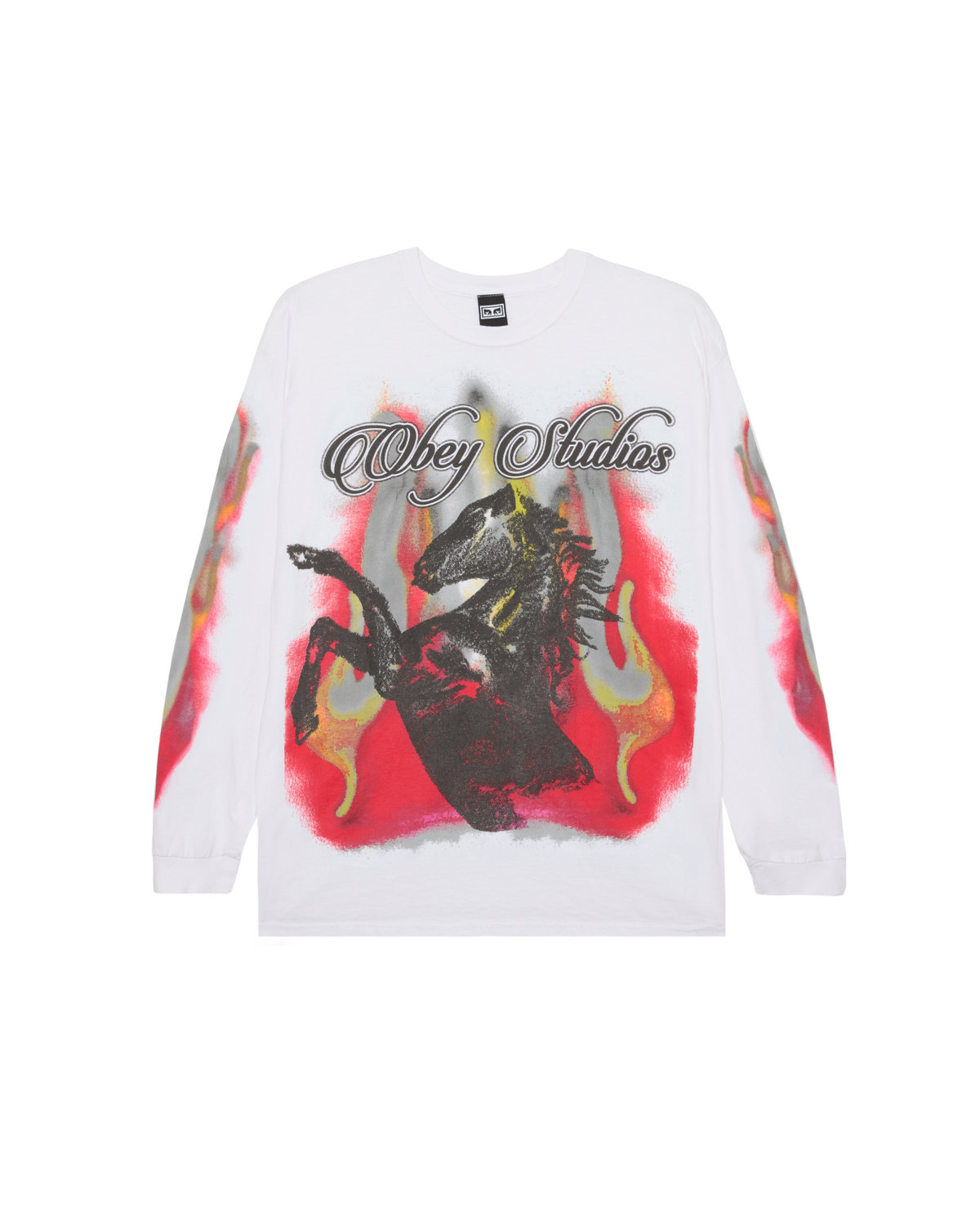 White sweatshirt with a graphic design featuring a horse and flames on a white background