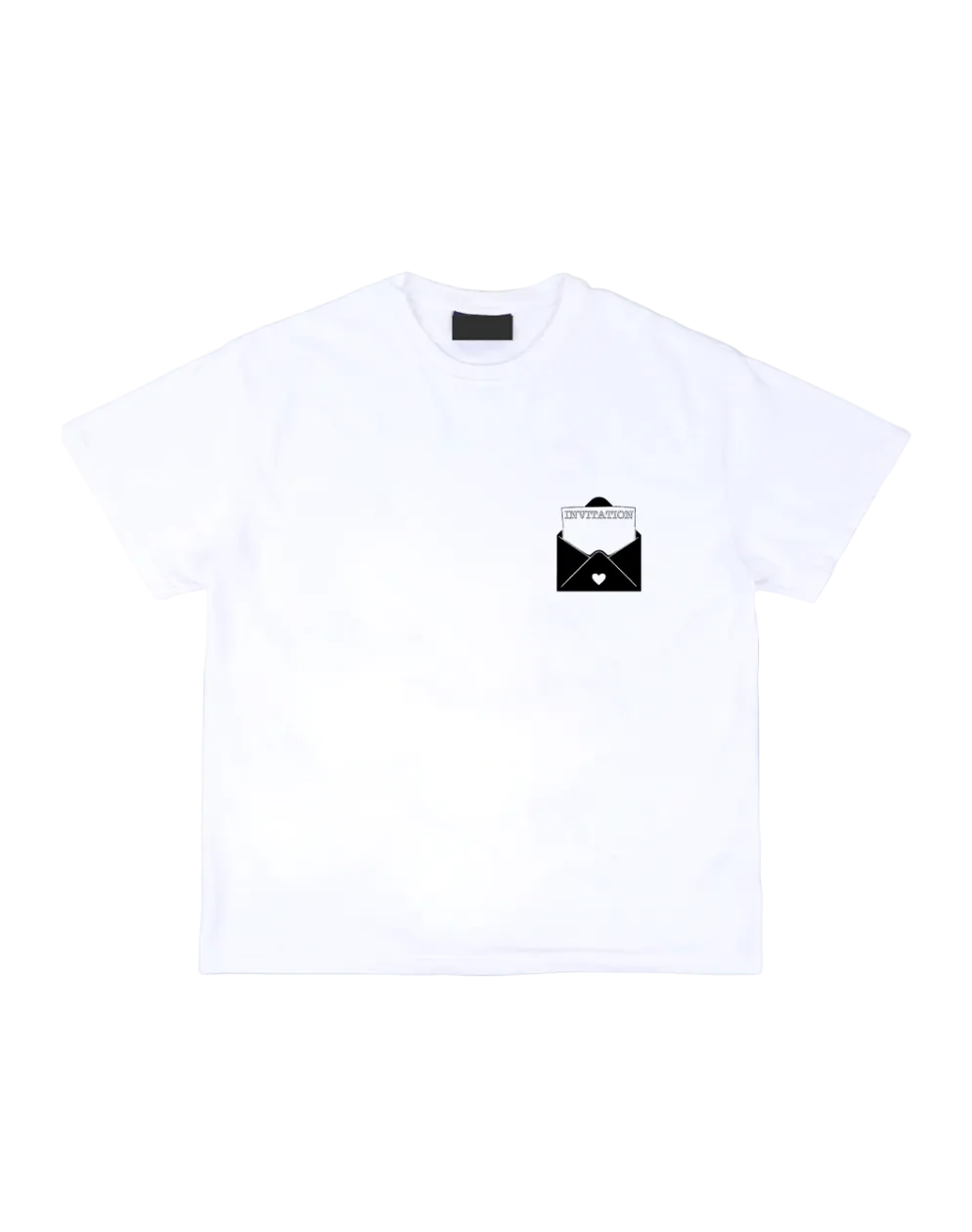White t-shirt with a black graphic on a light blue background