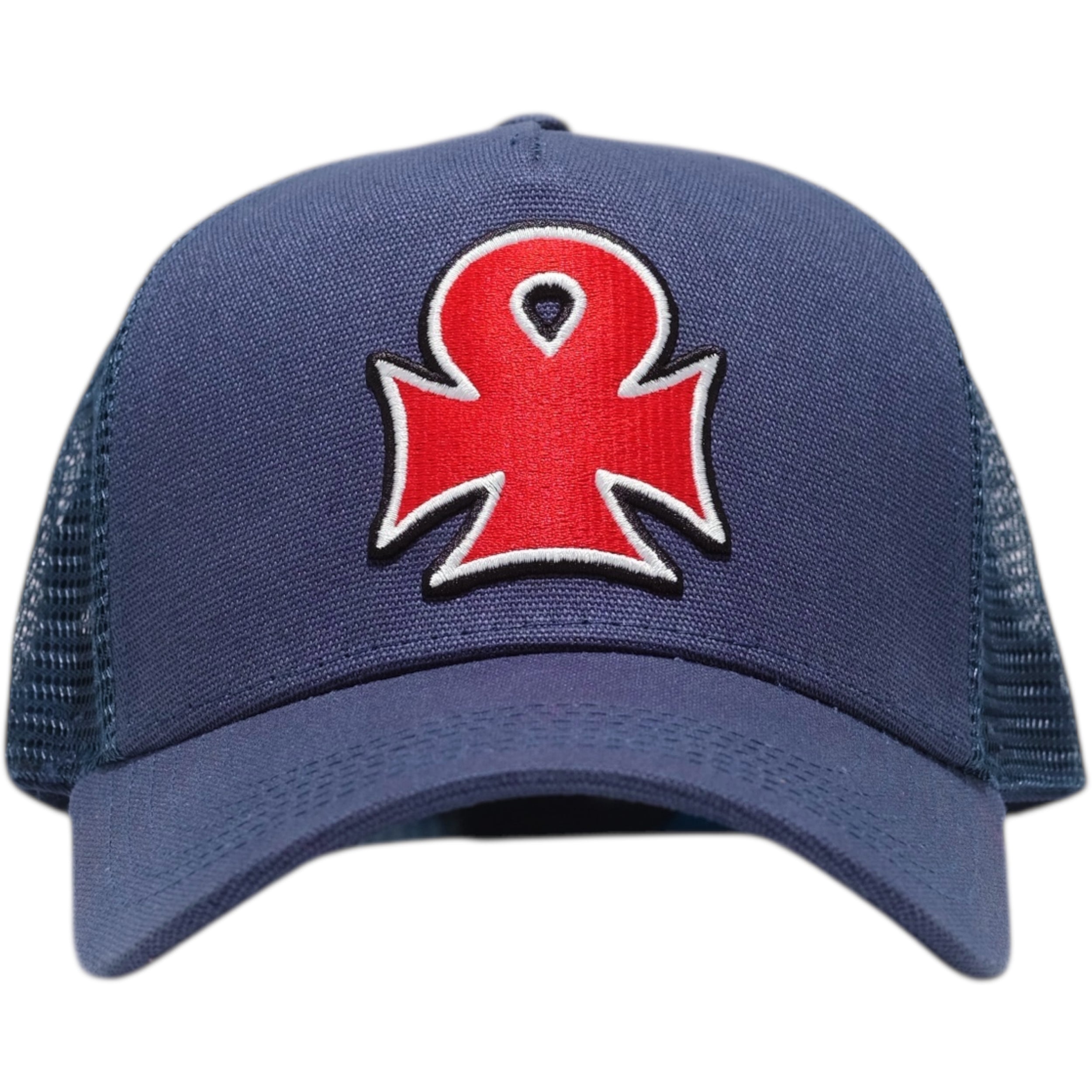 Blue cap with a red and white logo on a white background