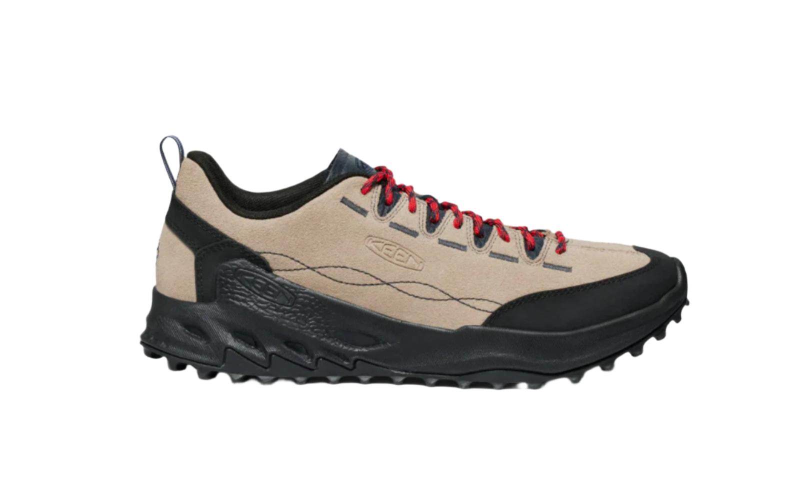 Beige and black hiking shoe with red accents on a white background