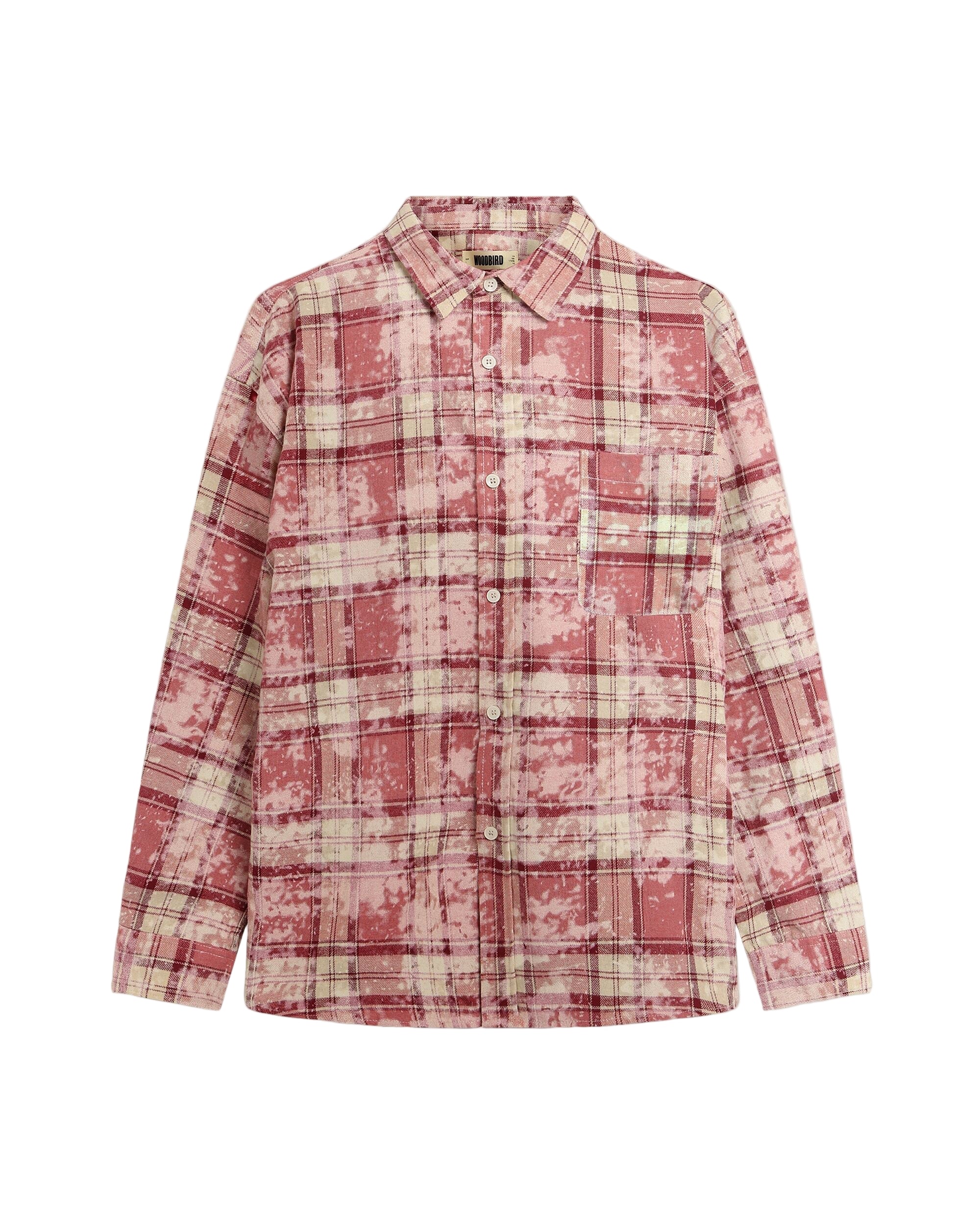 Plaid shirt with red and beige pattern on a light beige background