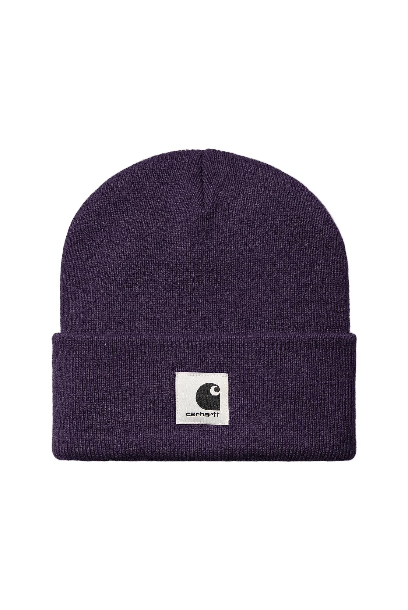 Navy blue beanie with a white label that says 'carhartt' in black. 