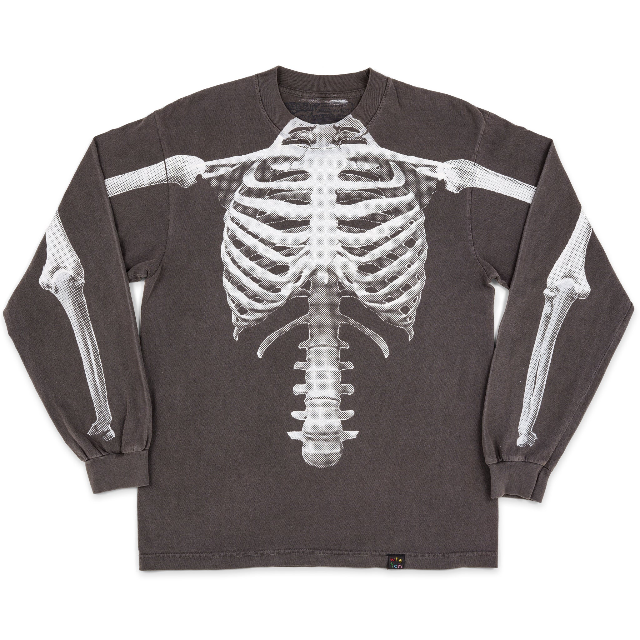 Long-sleeve shirt with a skeleton design on a white background