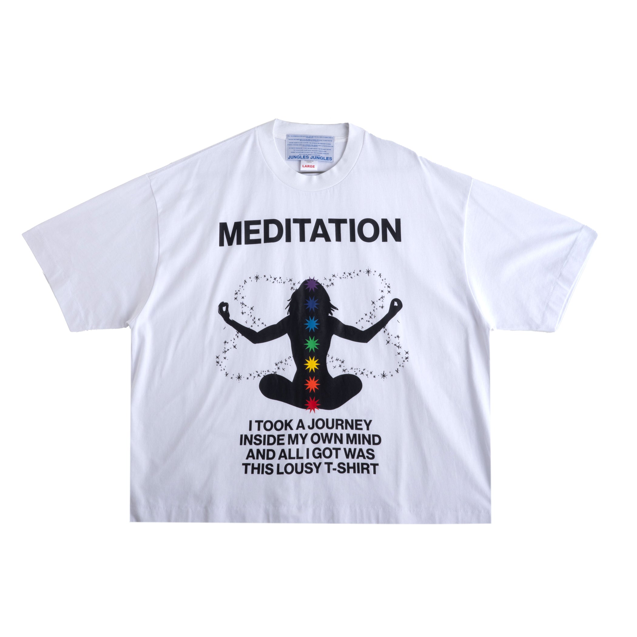 White t-shirt with meditation design and text on a white background