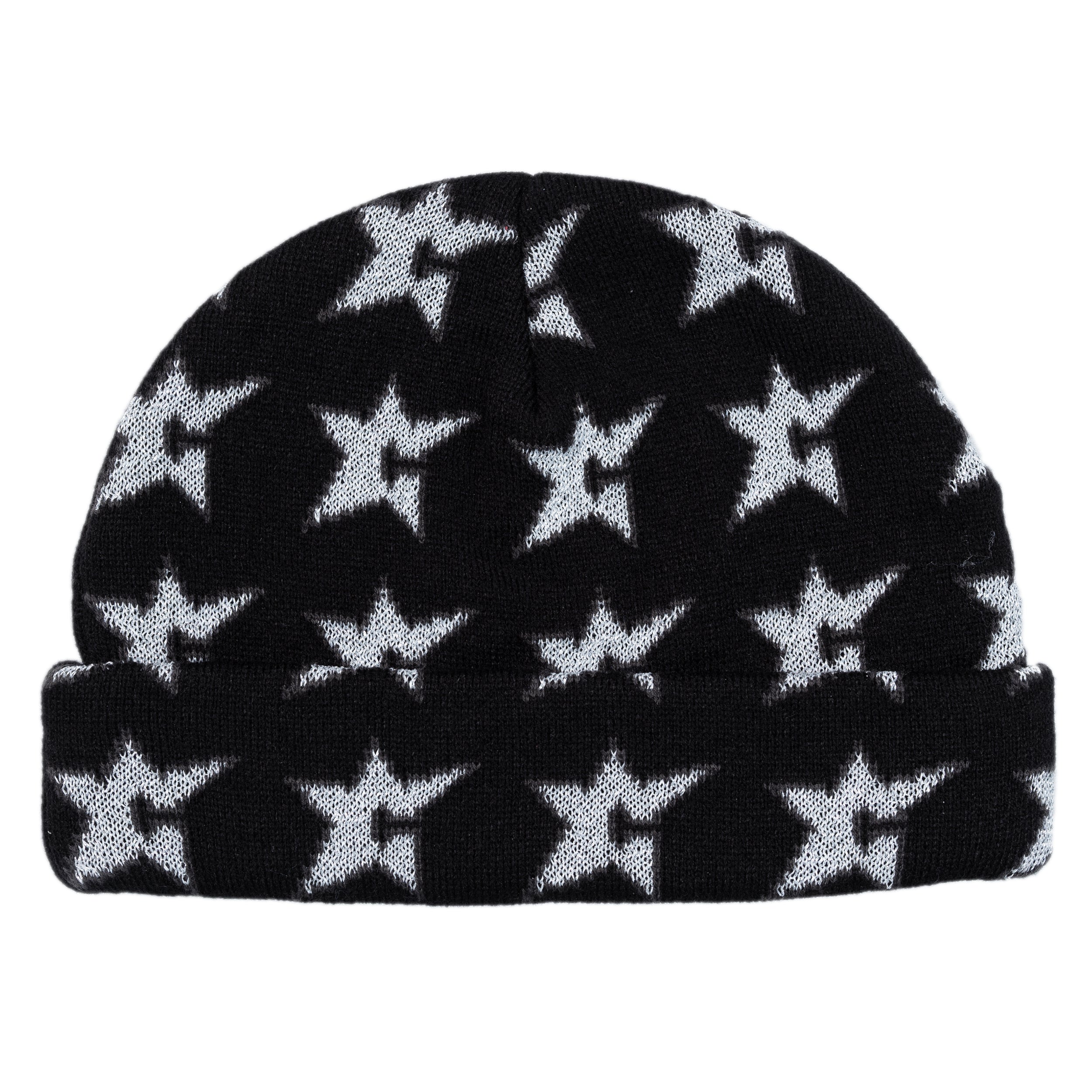 Black beanie with white star pattern on a white background