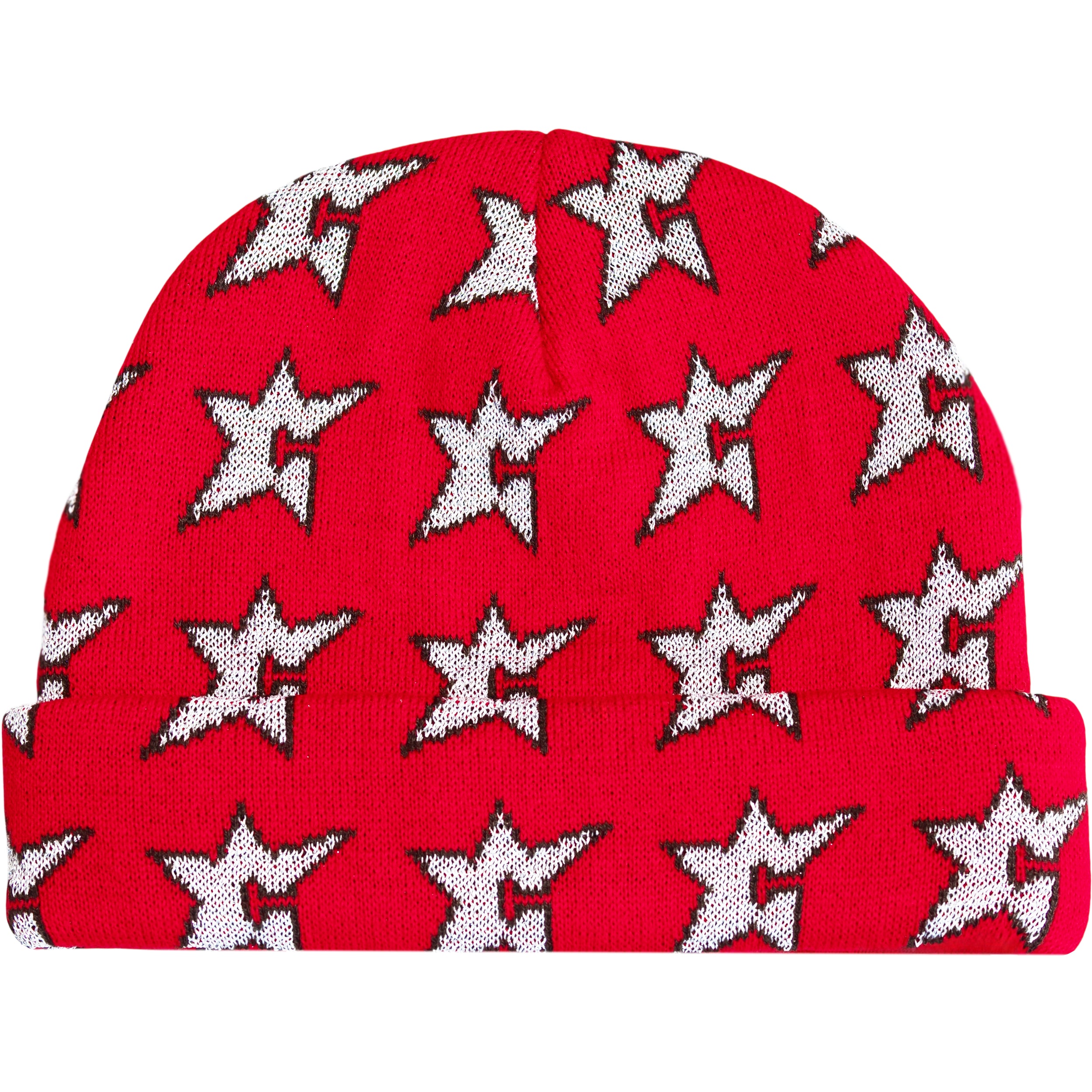 Red beanie with white star pattern on a white background