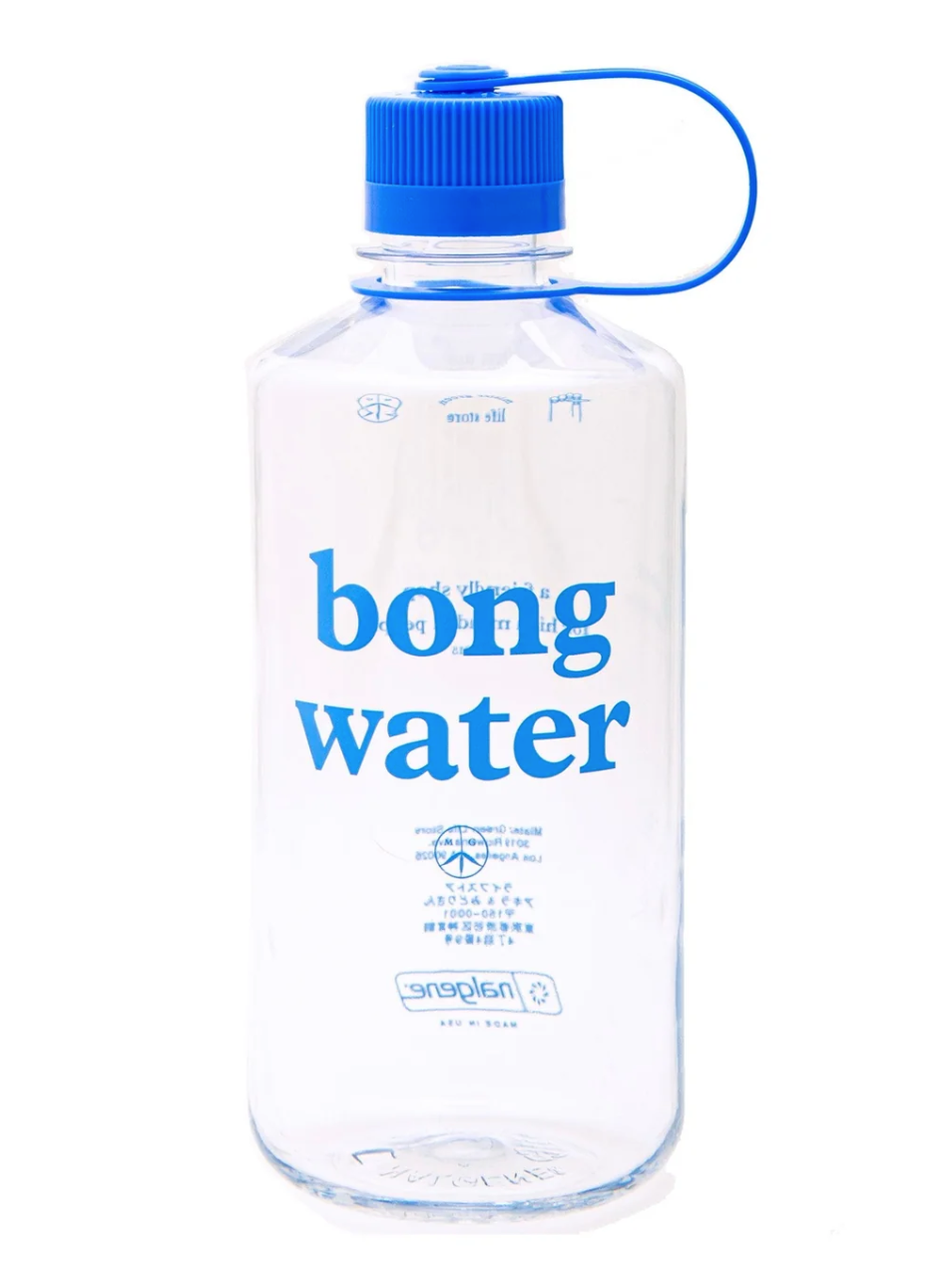 Clear water bottle with blue cap and 'bong water' branding on a white background
