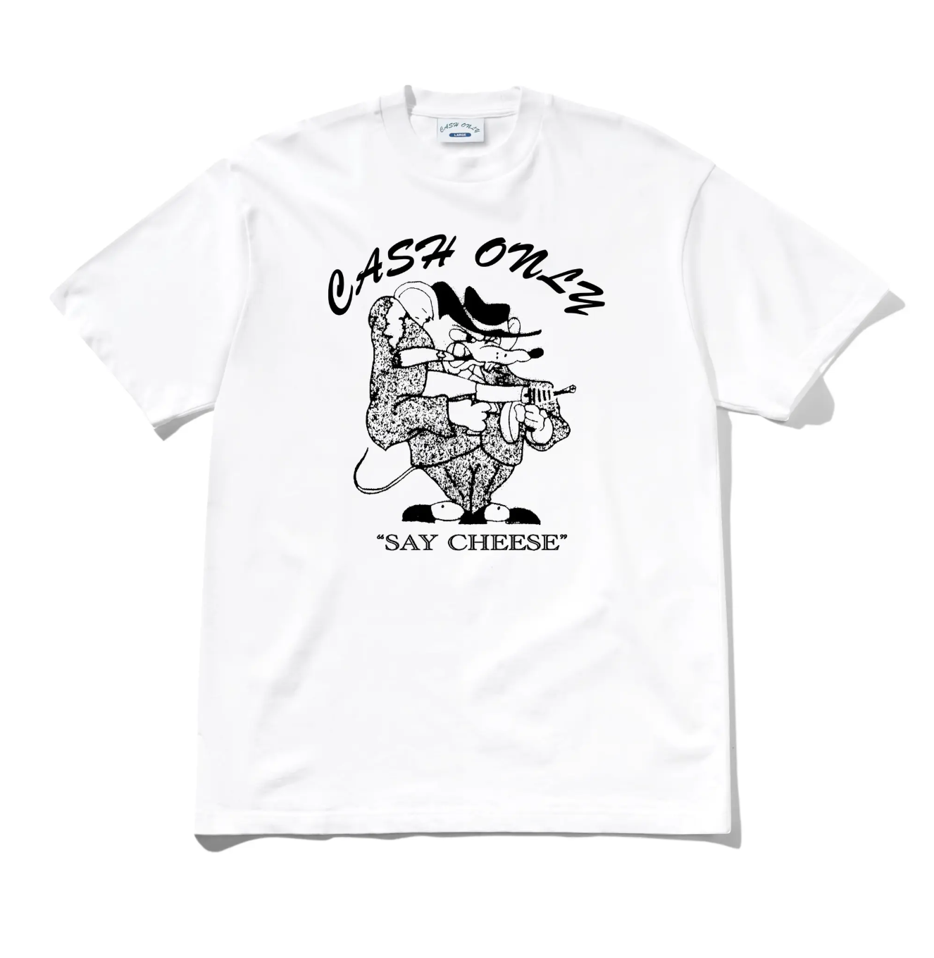 White t-shirt with black graphic design and text on a white background