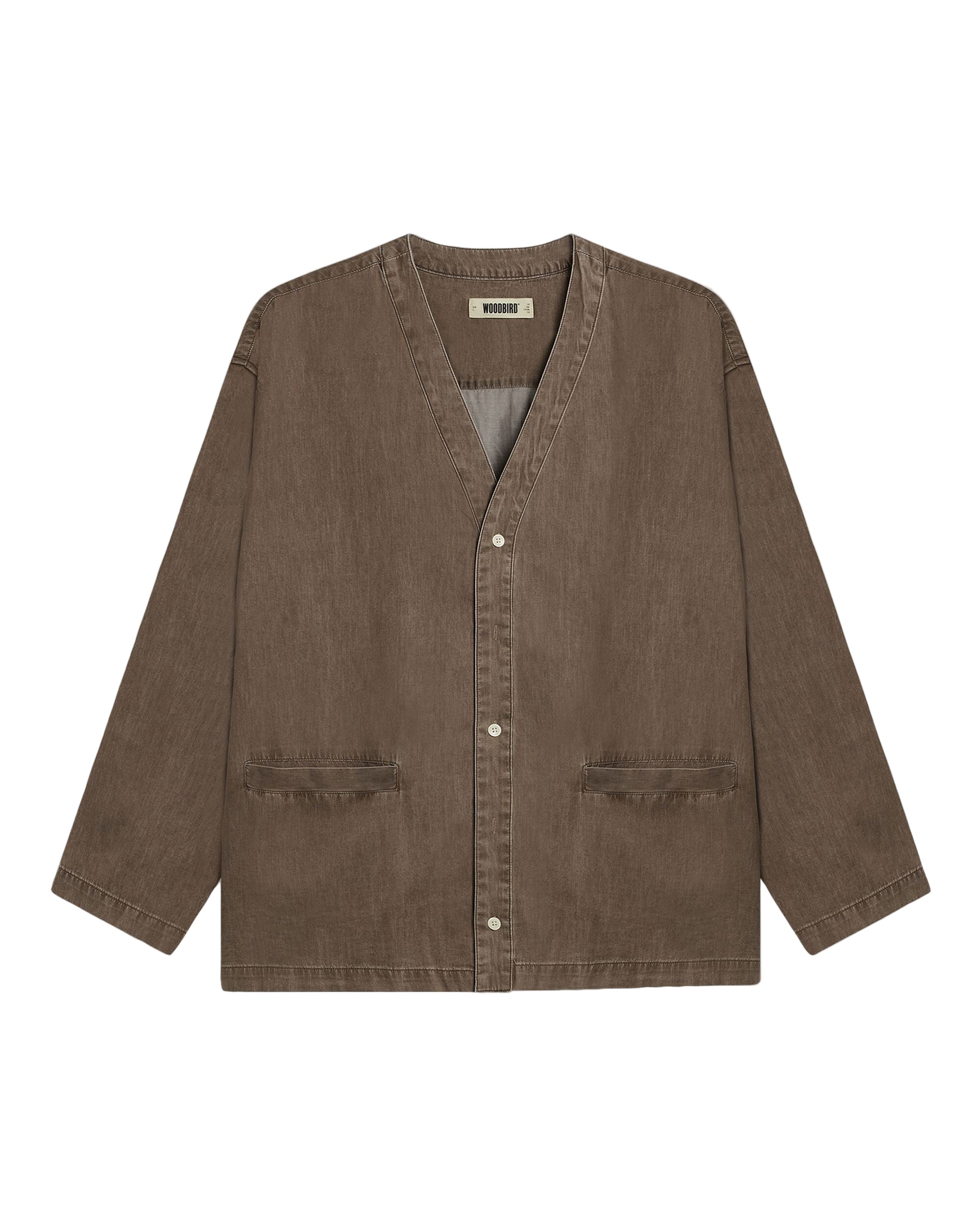 Brown shirt with a V-neck and button details on a light white background