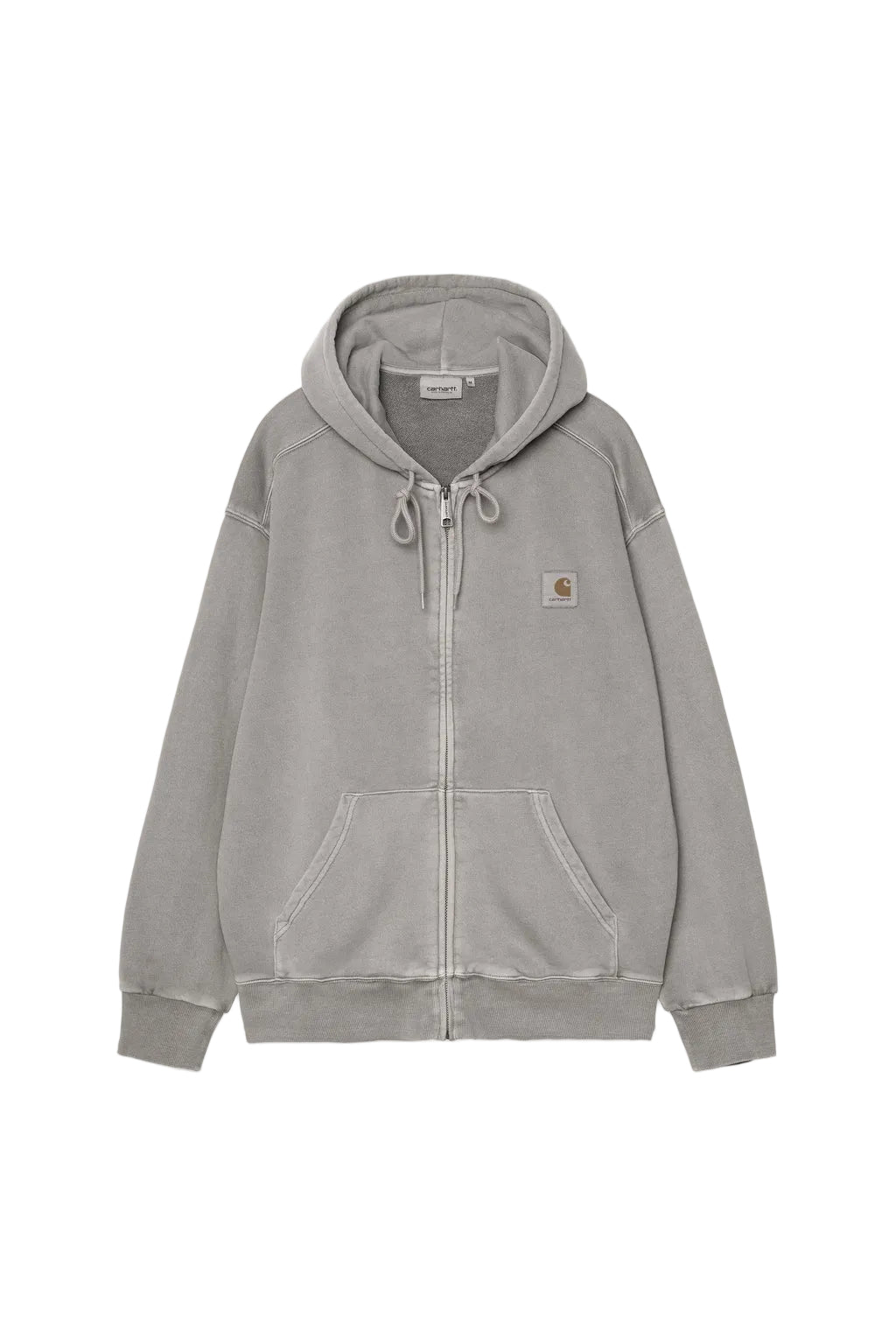 Gray carhartt wip hoodie with brand logo on a white background