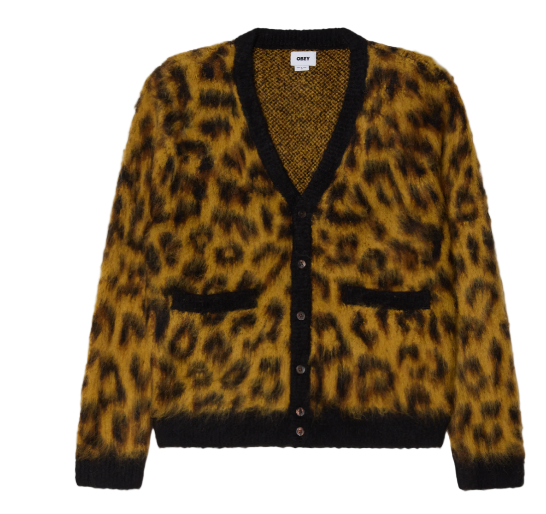 Leopard print cardigan with black trim on a white background