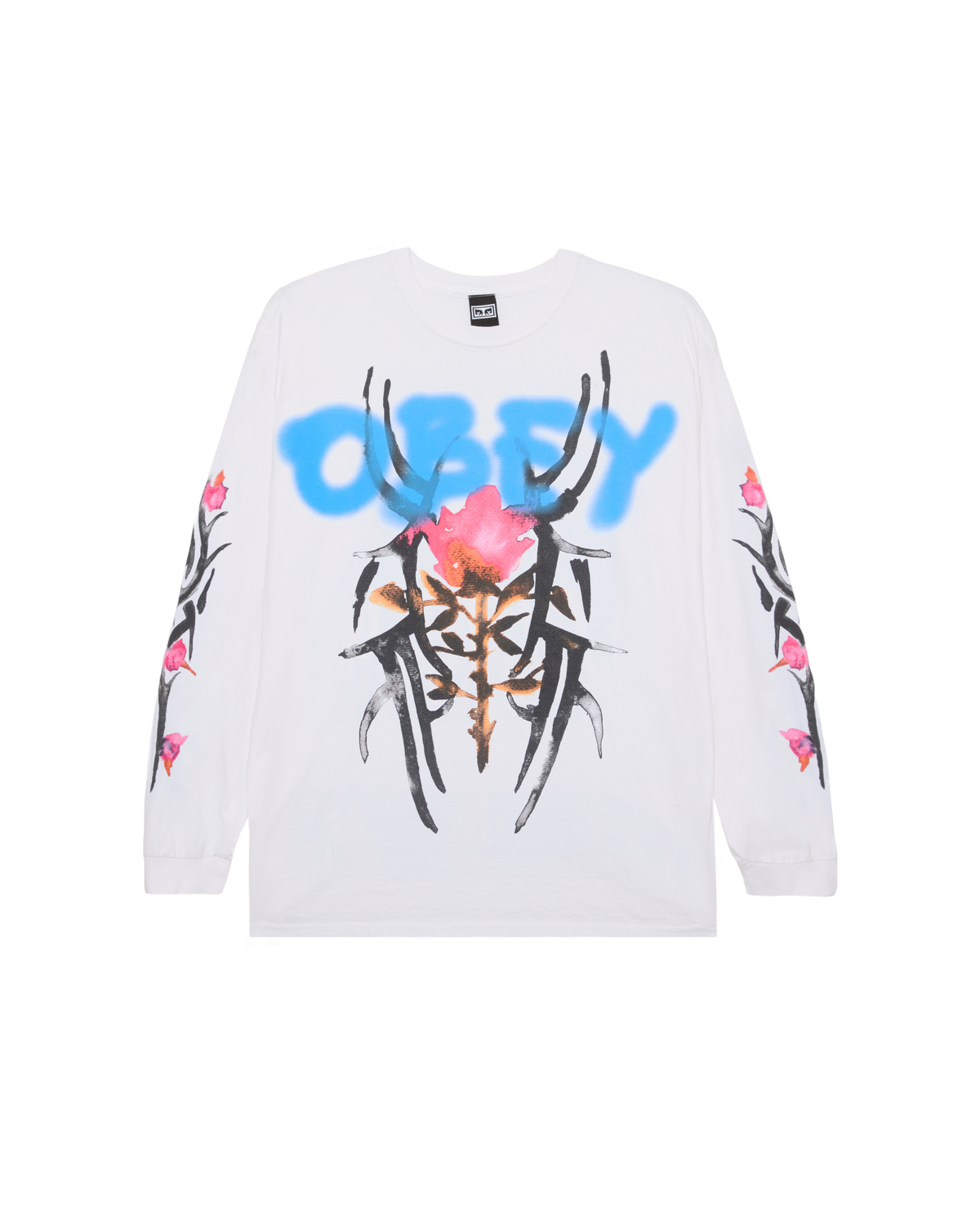 White sweatshirt with black spider design and 'OBEY' text on a white background