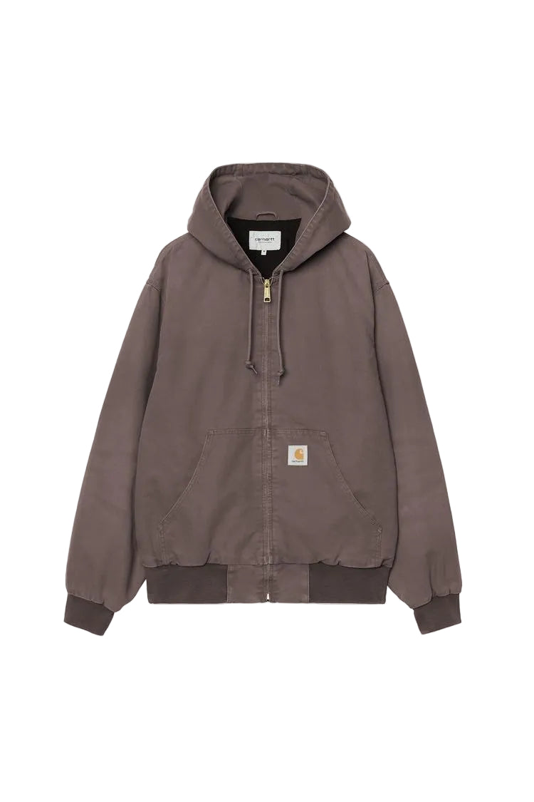 Brown carhartt active hoodie jacket with a visible brand logo on a white background