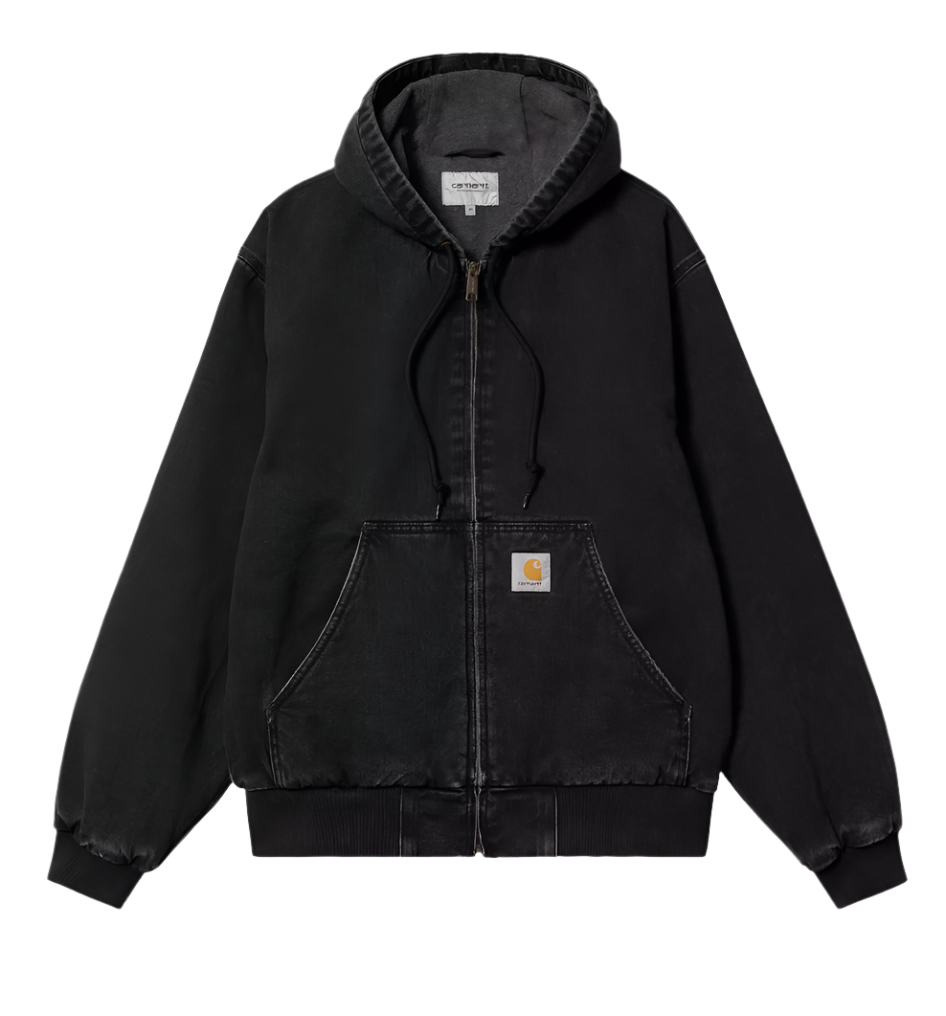A hooded jacket in black with a front zip closure, kangaroo pocket, and rib-knit cuffs. It is displayed facing the front with the hood down.