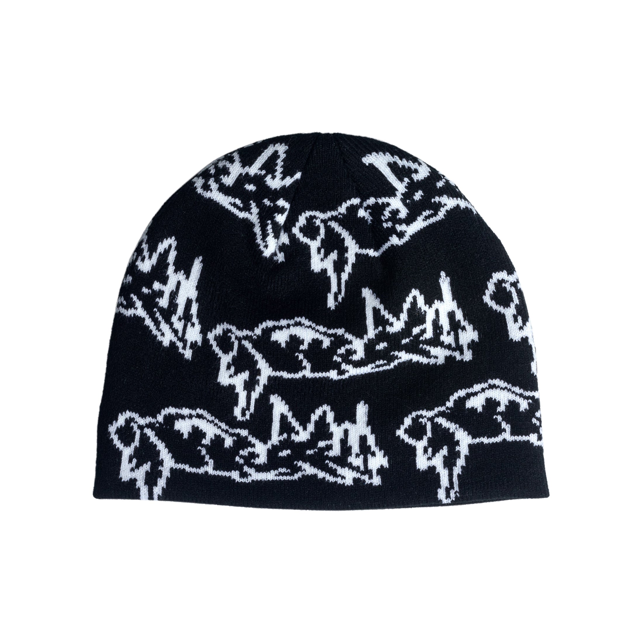 Black beanie with white mountain pattern on a white background