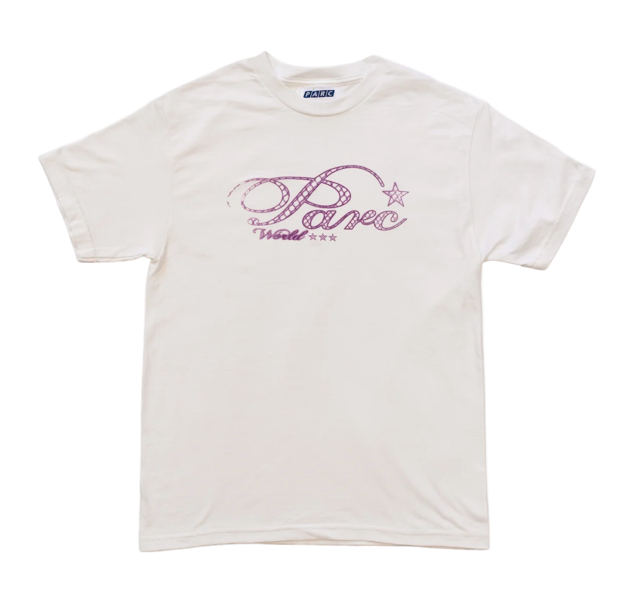 White t-shirt with purple graphic design on a white background