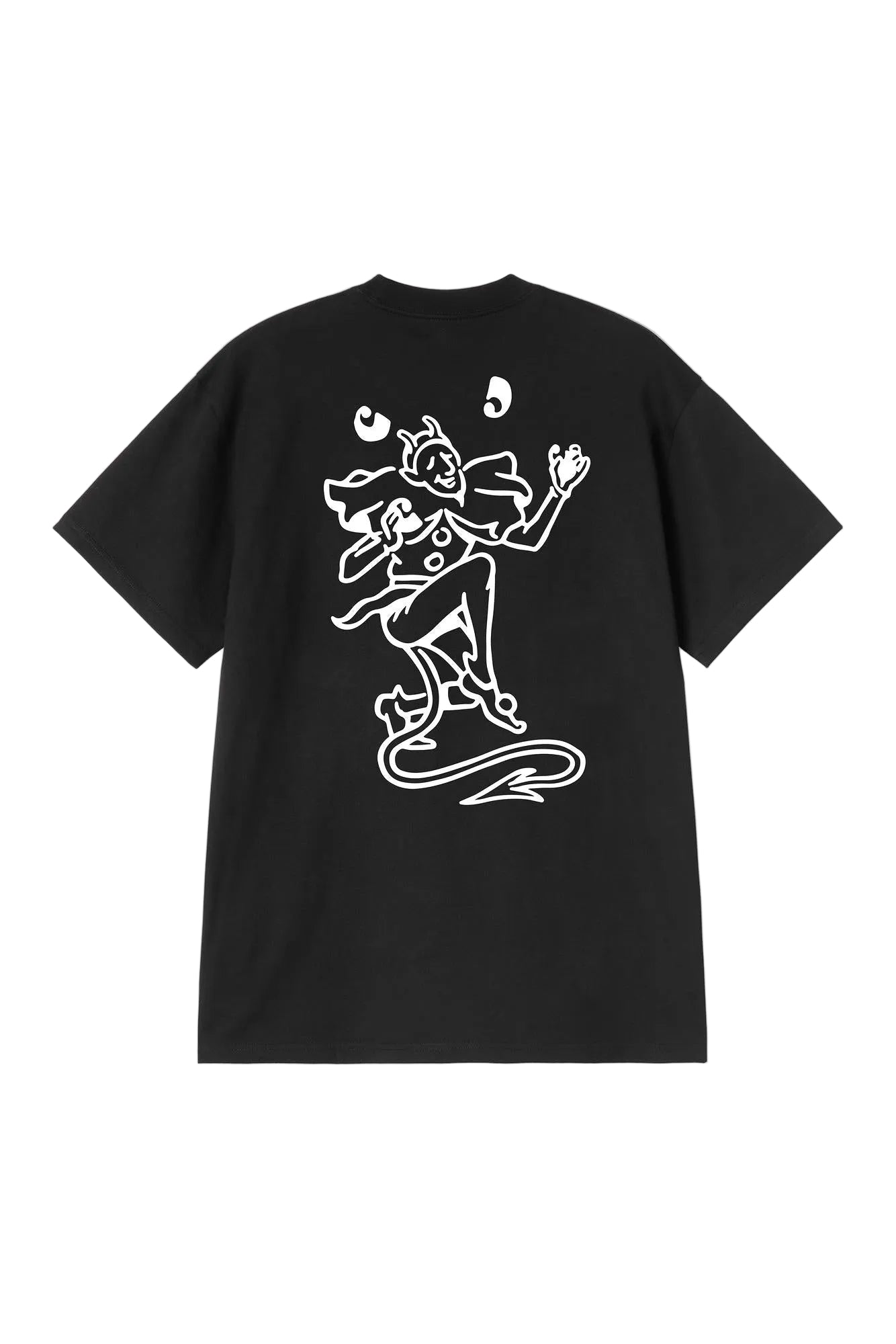 Black t-shirt with a jester printed on it against a white background