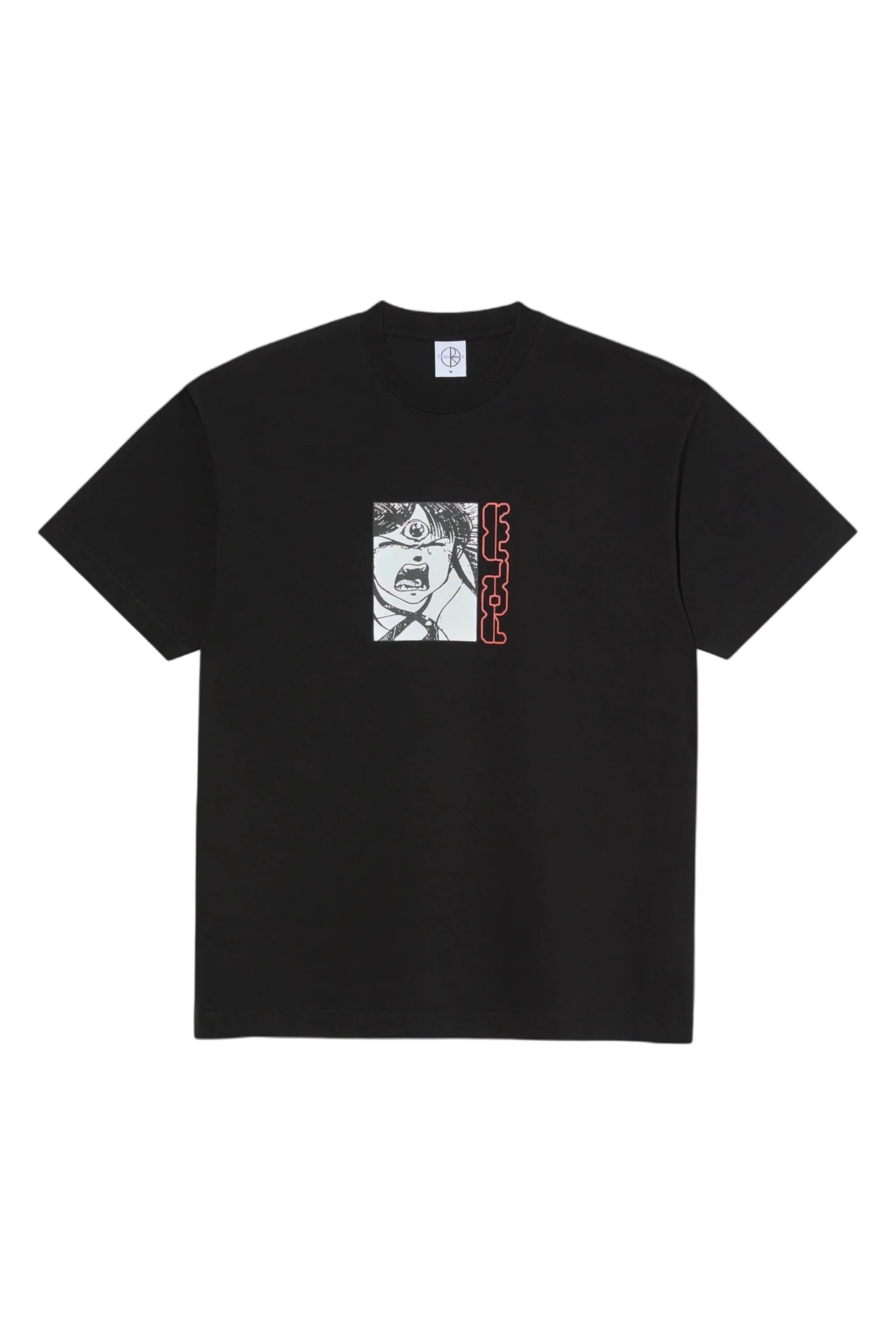 Black t-shirt with white graphic design on a white background