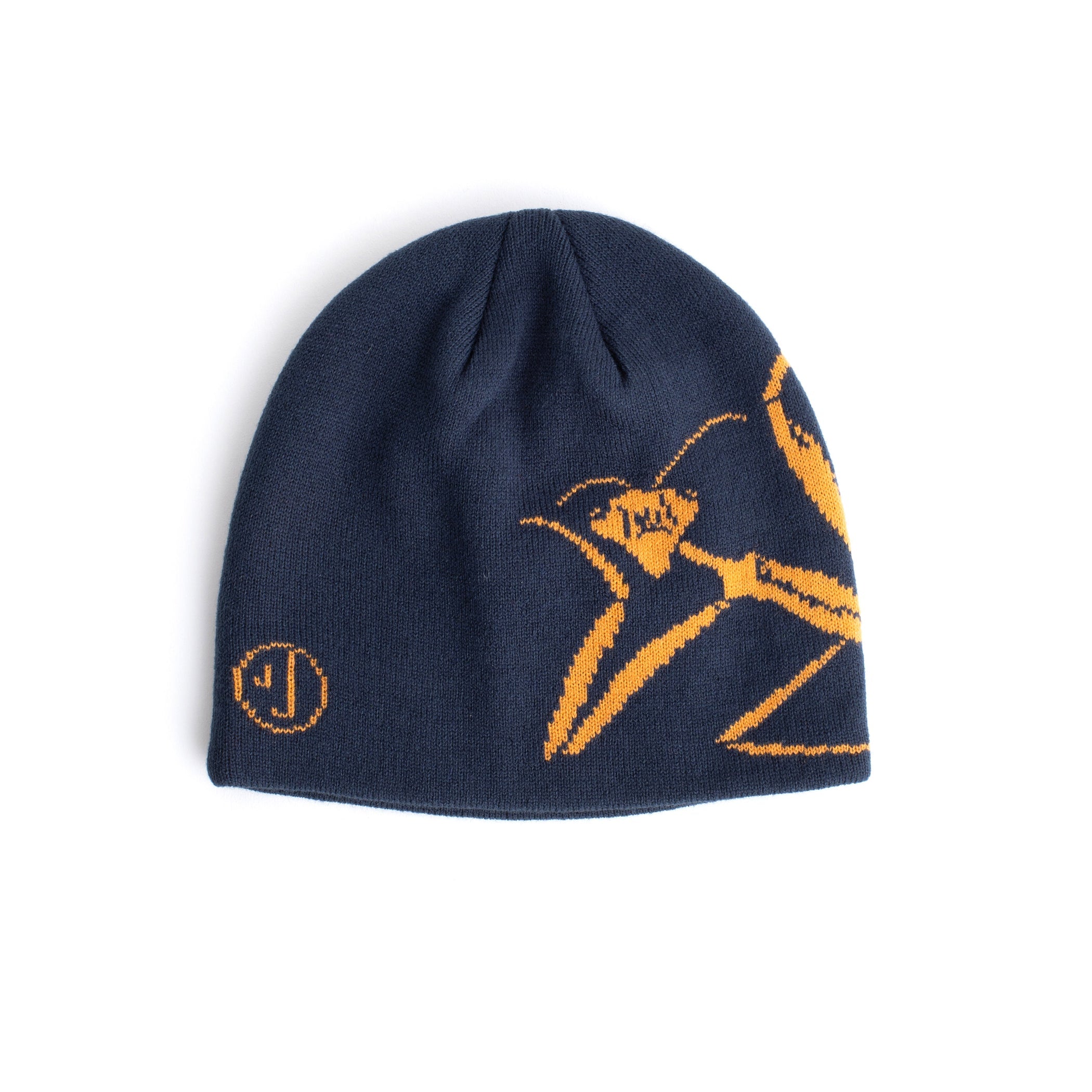 Navy blue beanie with orange design on a white background