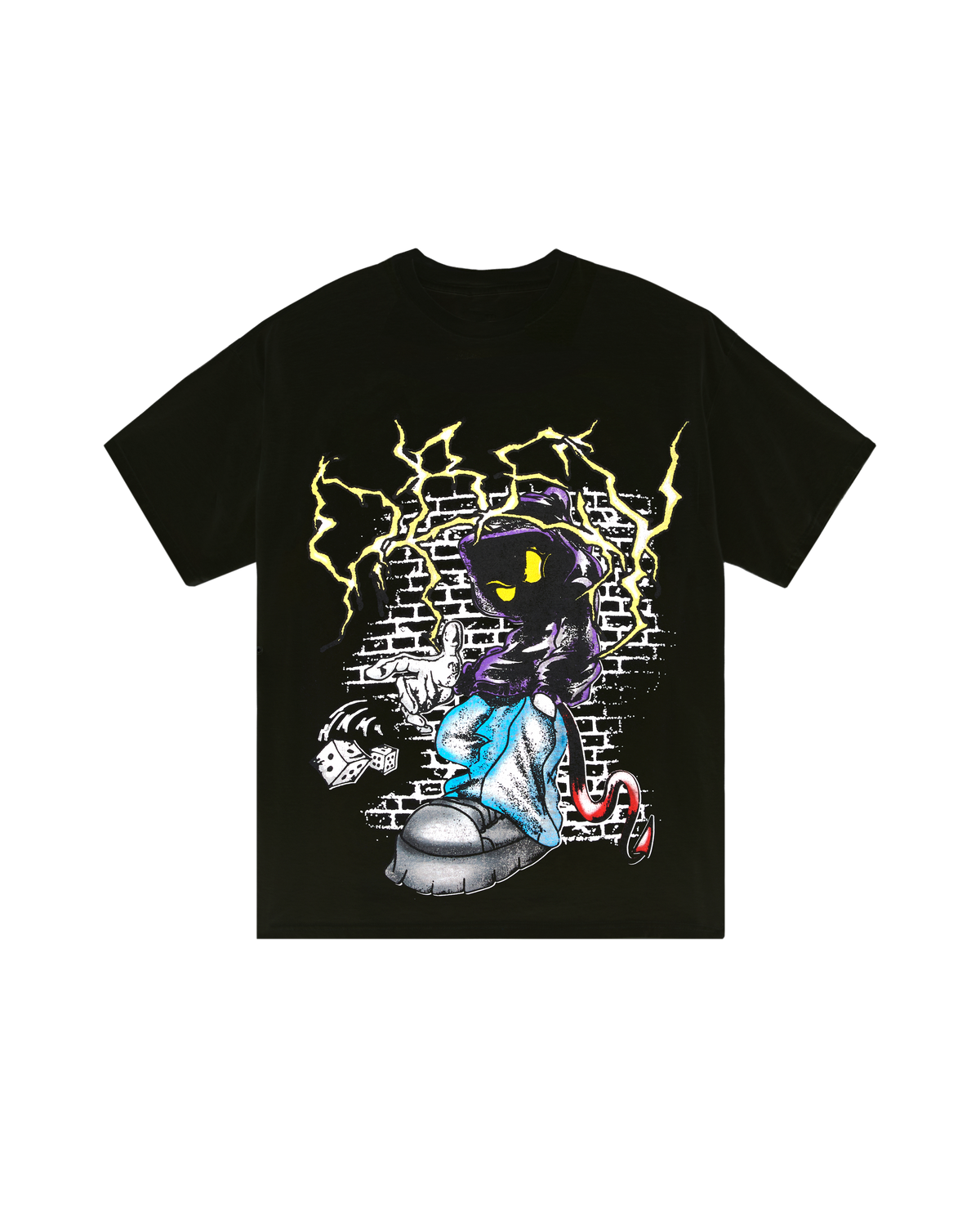 Black t-shirt with a graphic design of a character on a white background