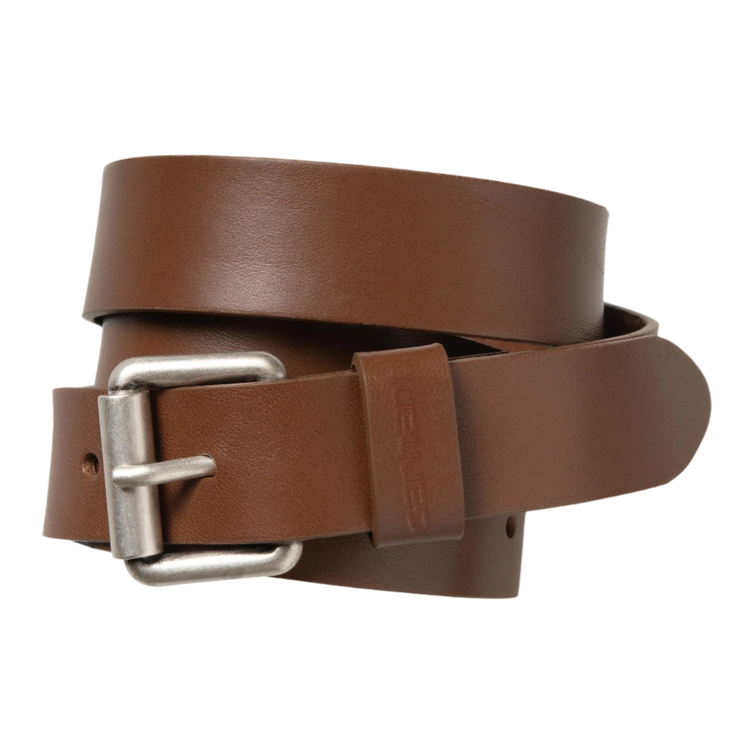 Brown leather belt with a silver buckle on a light gray background