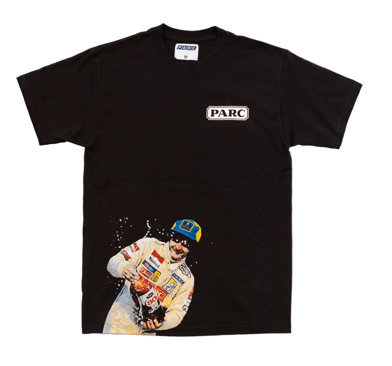 Black t-shirt with a graphic of a race car driver and 'PARC' logo on a white background
