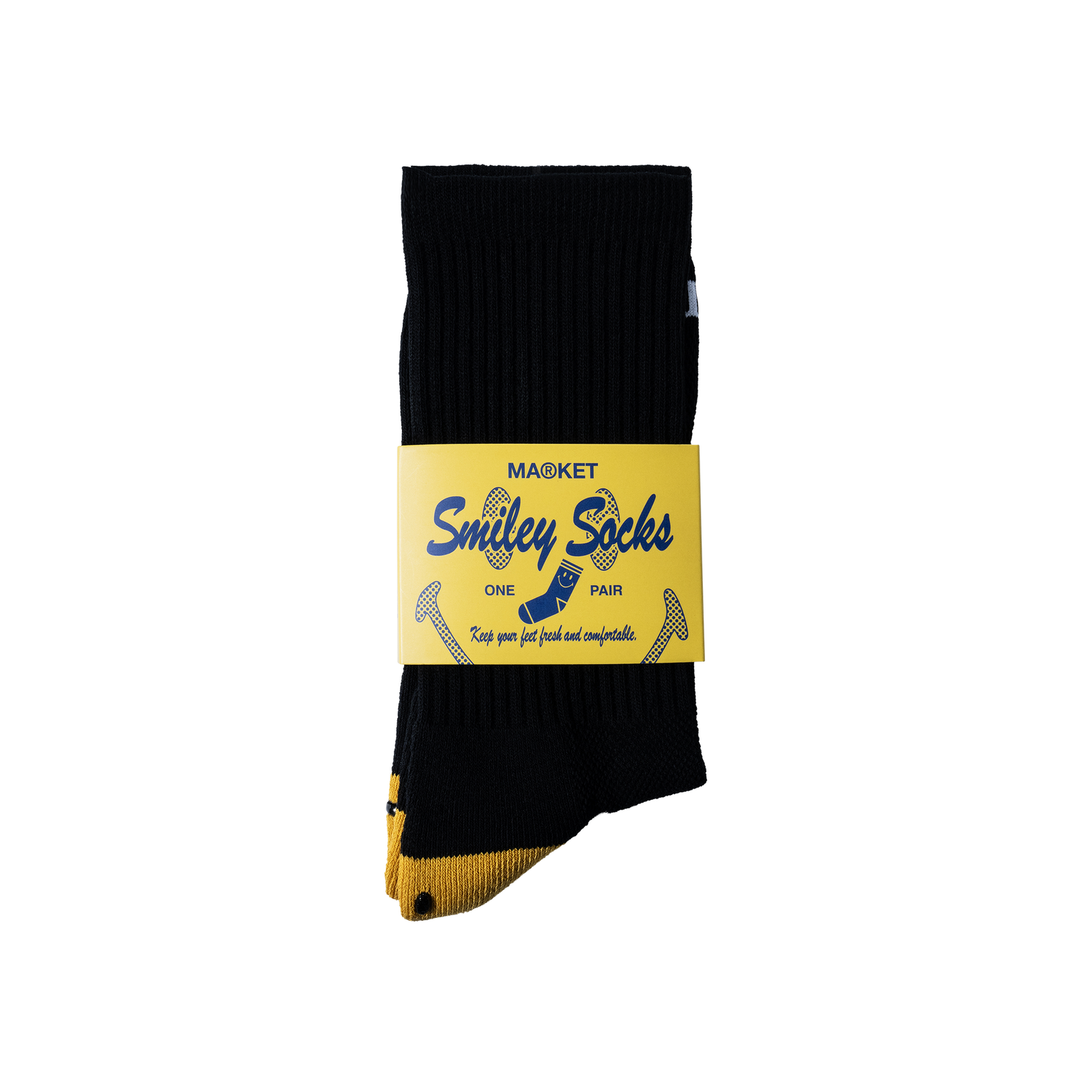 Black socks with yellow accents and a visible brand label on a white background