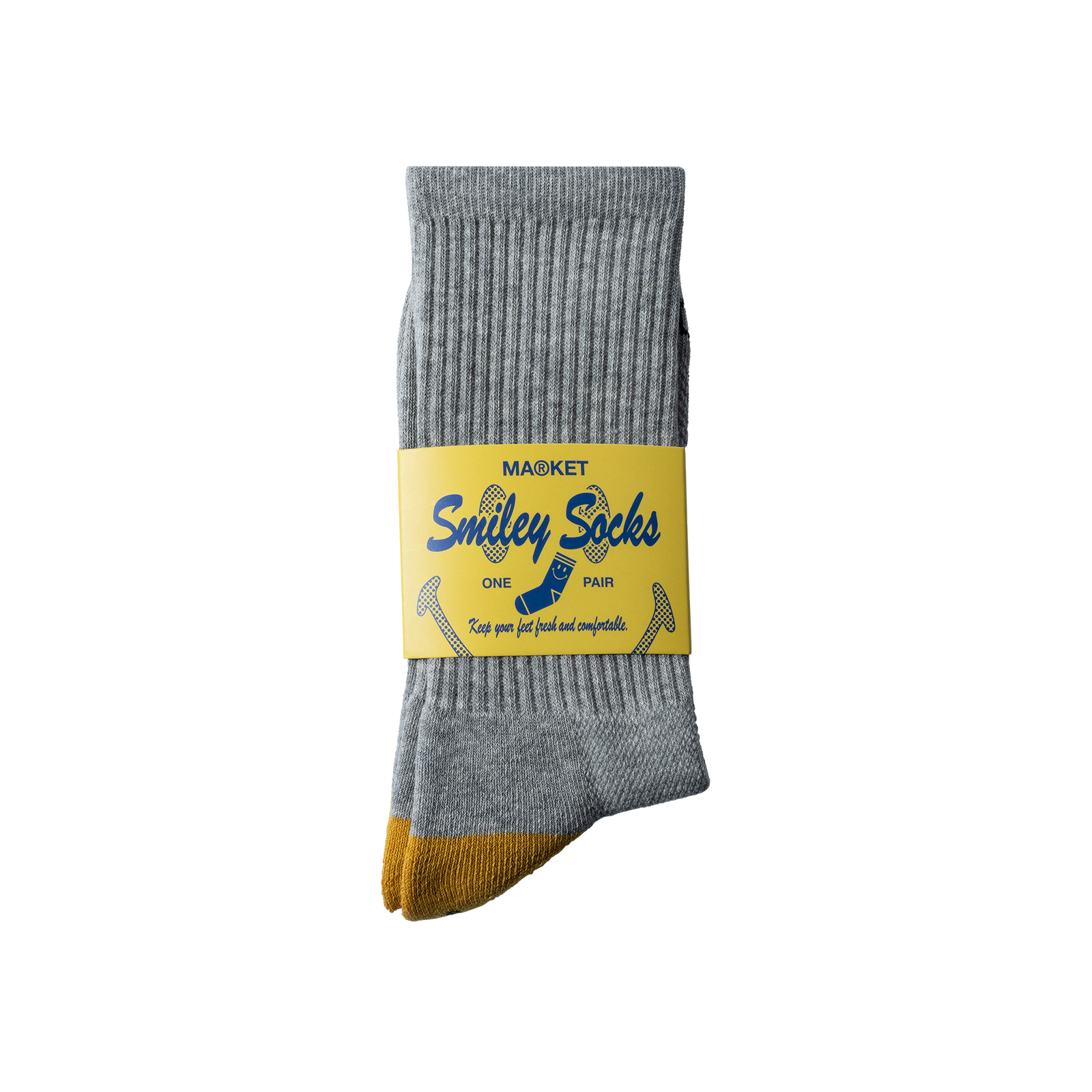 Gray sock with yellow heel and toe, featuring a yellow label with blue text on a white background.