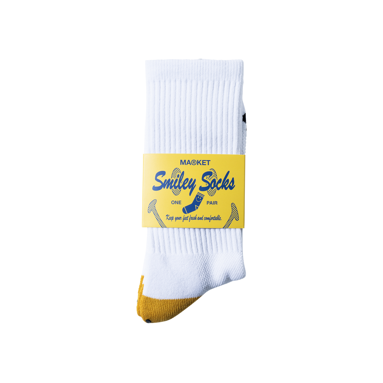 White sock with yellow tag on a white background