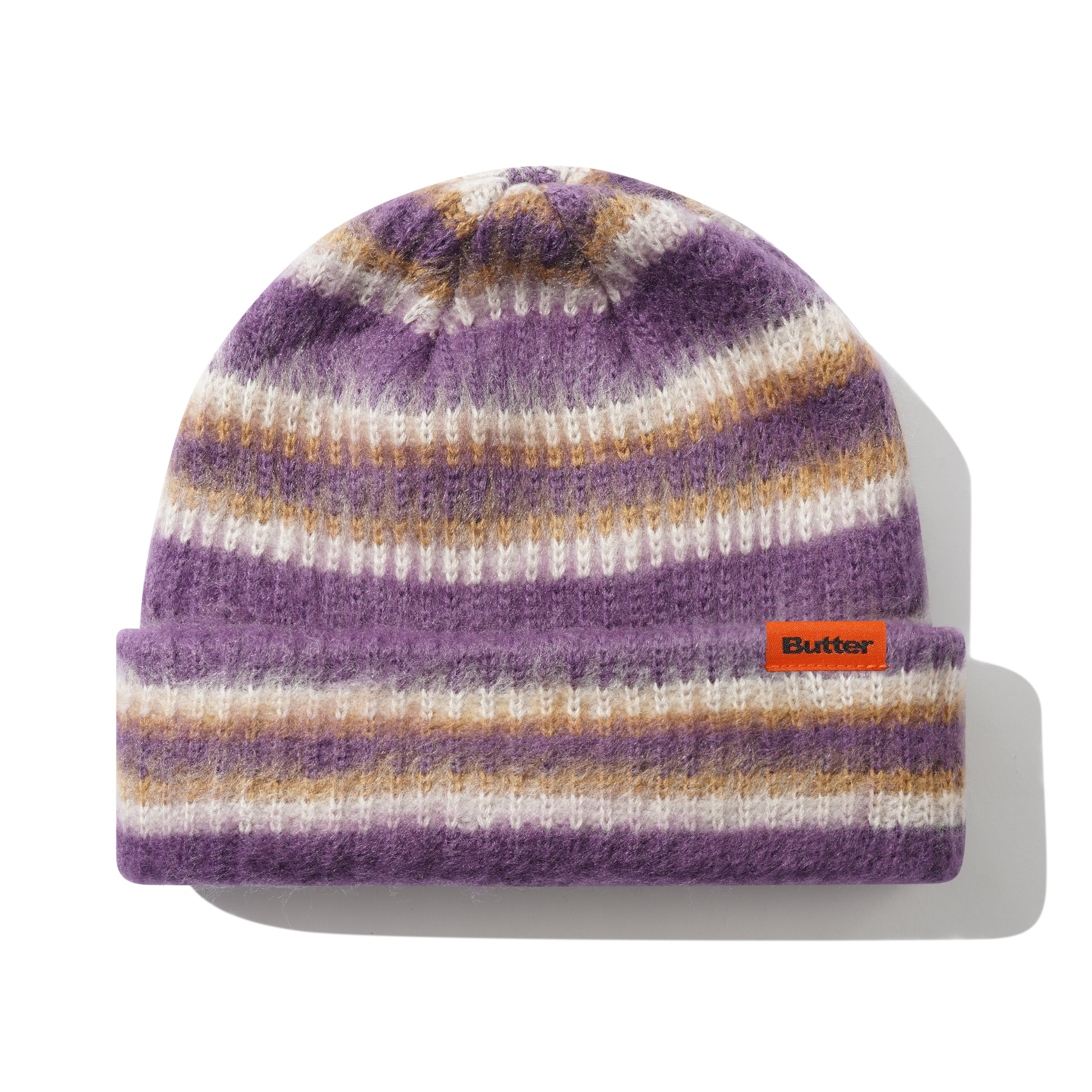 Striped beanie with purple, orange, and white colors on a white background