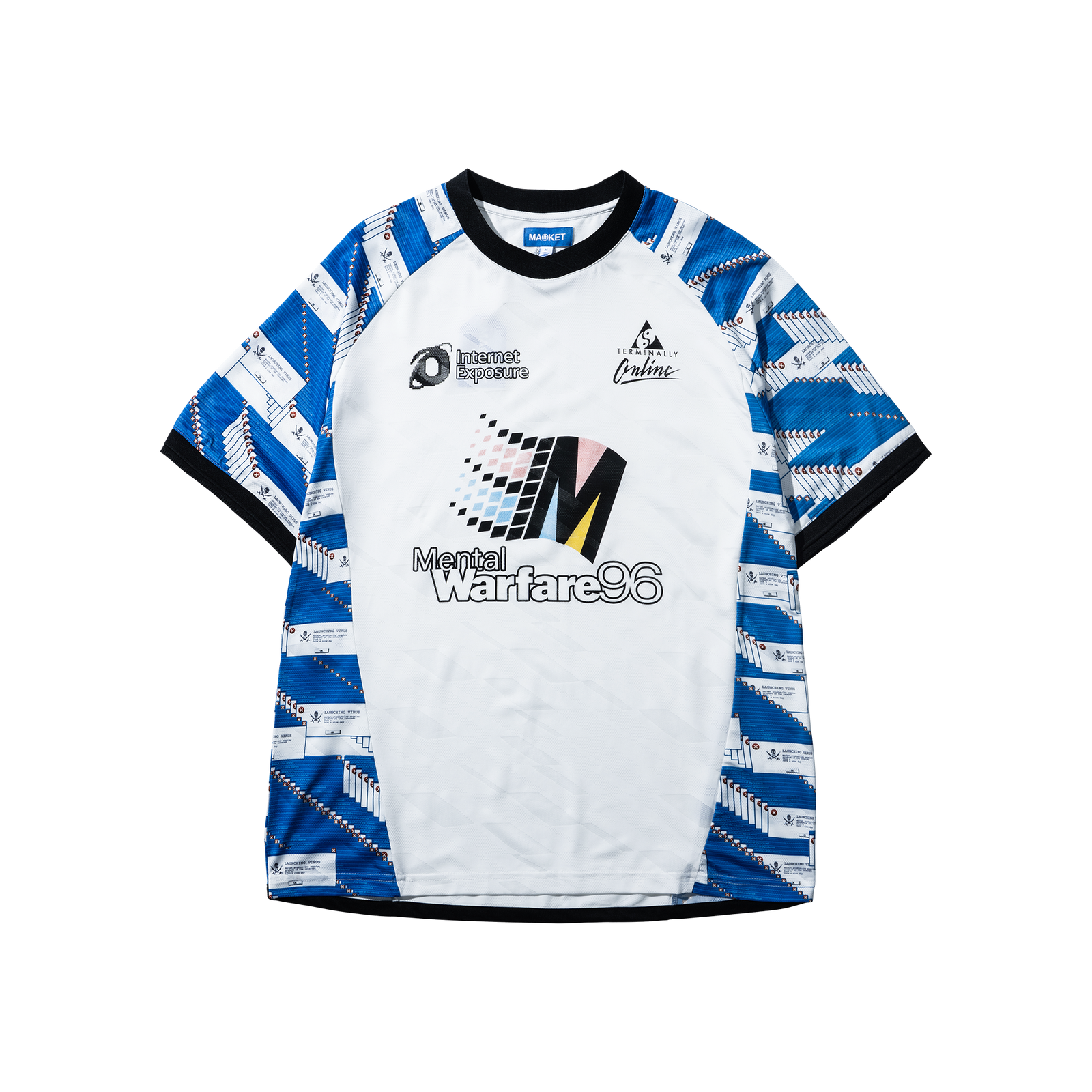 White t-shirt with blue and black patterns and logos on a white background
