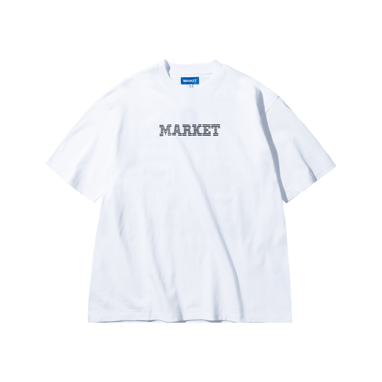 White t-shirt with 'MARKET' text on a white background