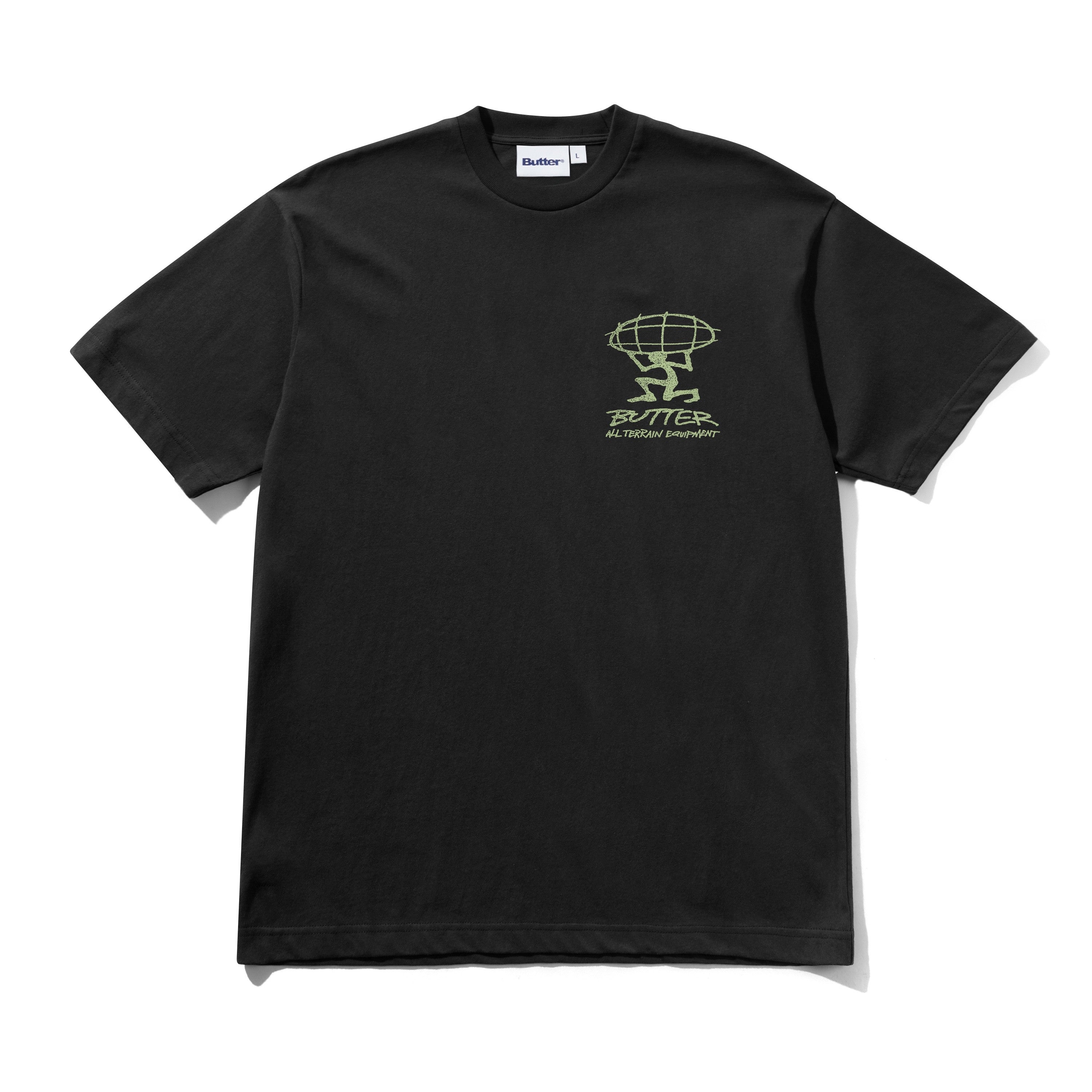 Black butter goods t-shirt with a logo on the chest against a white background