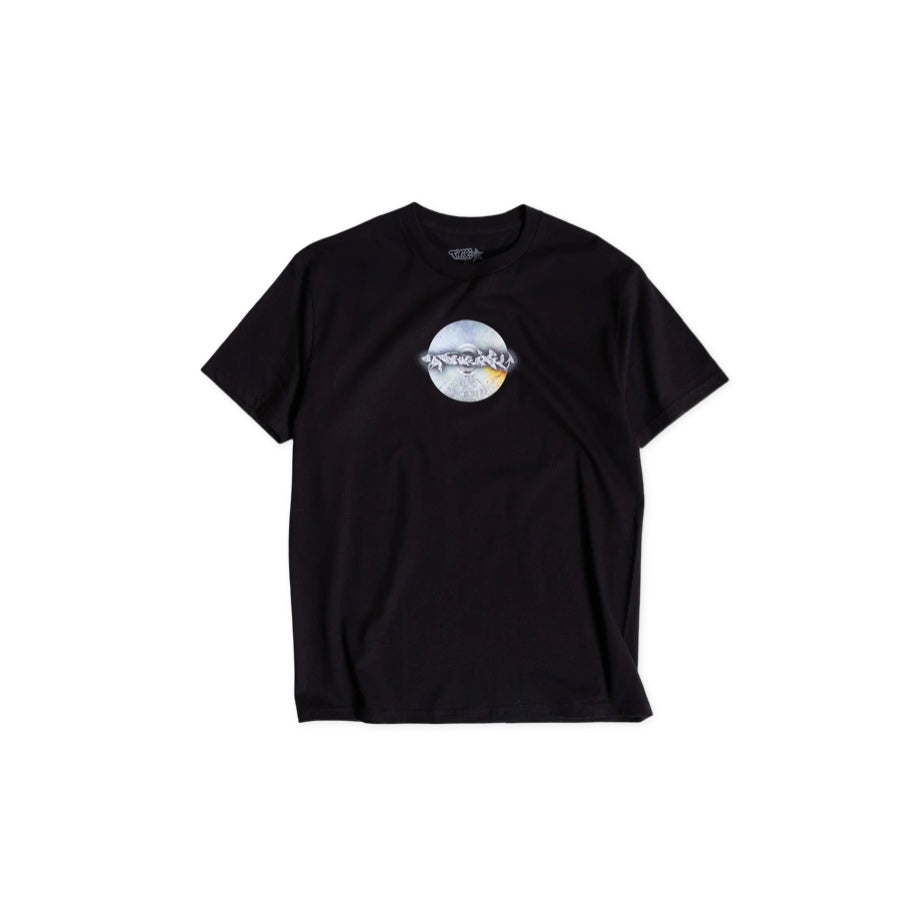 Black t-shirt with a graphic design on a white background