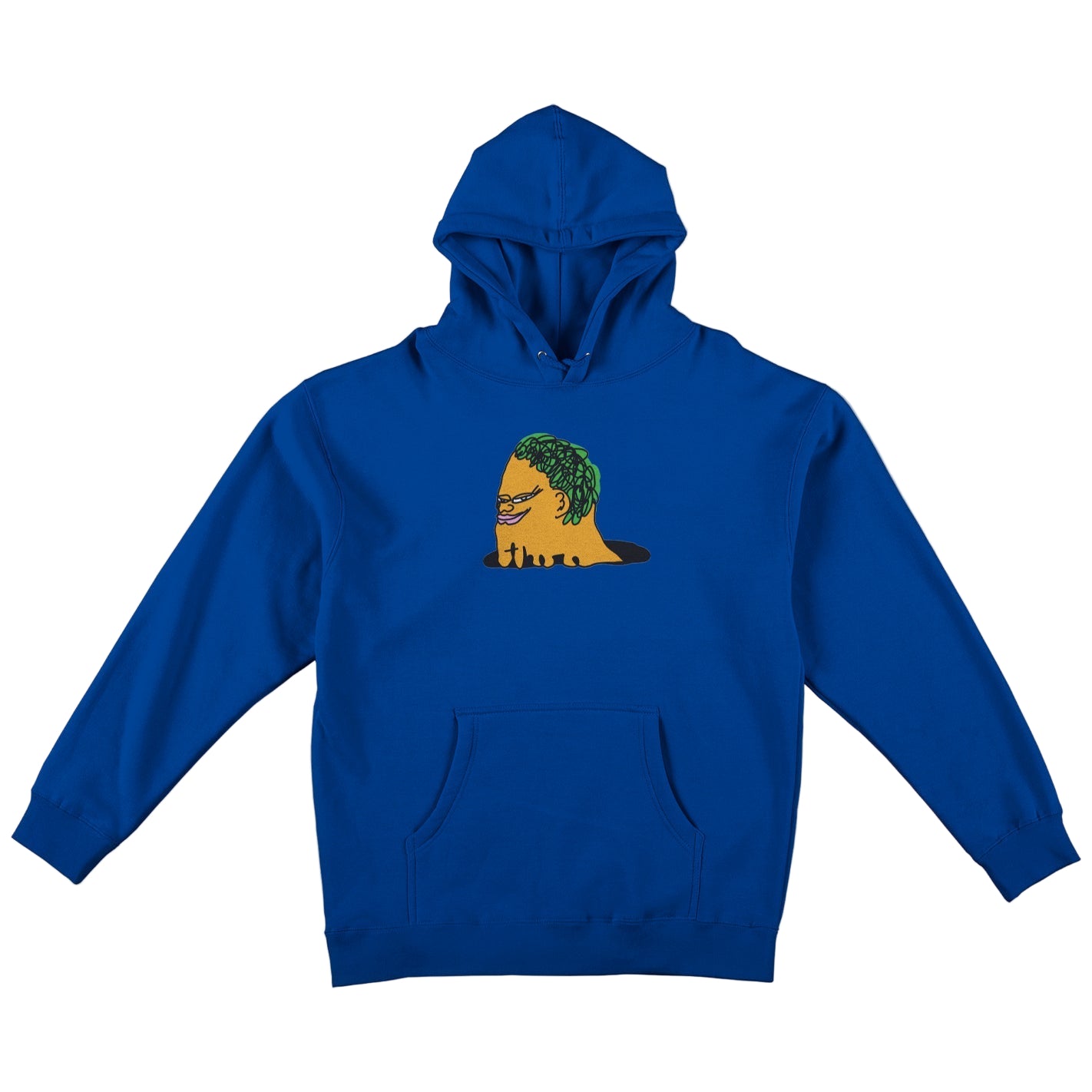 Blue hoodie with a graphic design on a white background