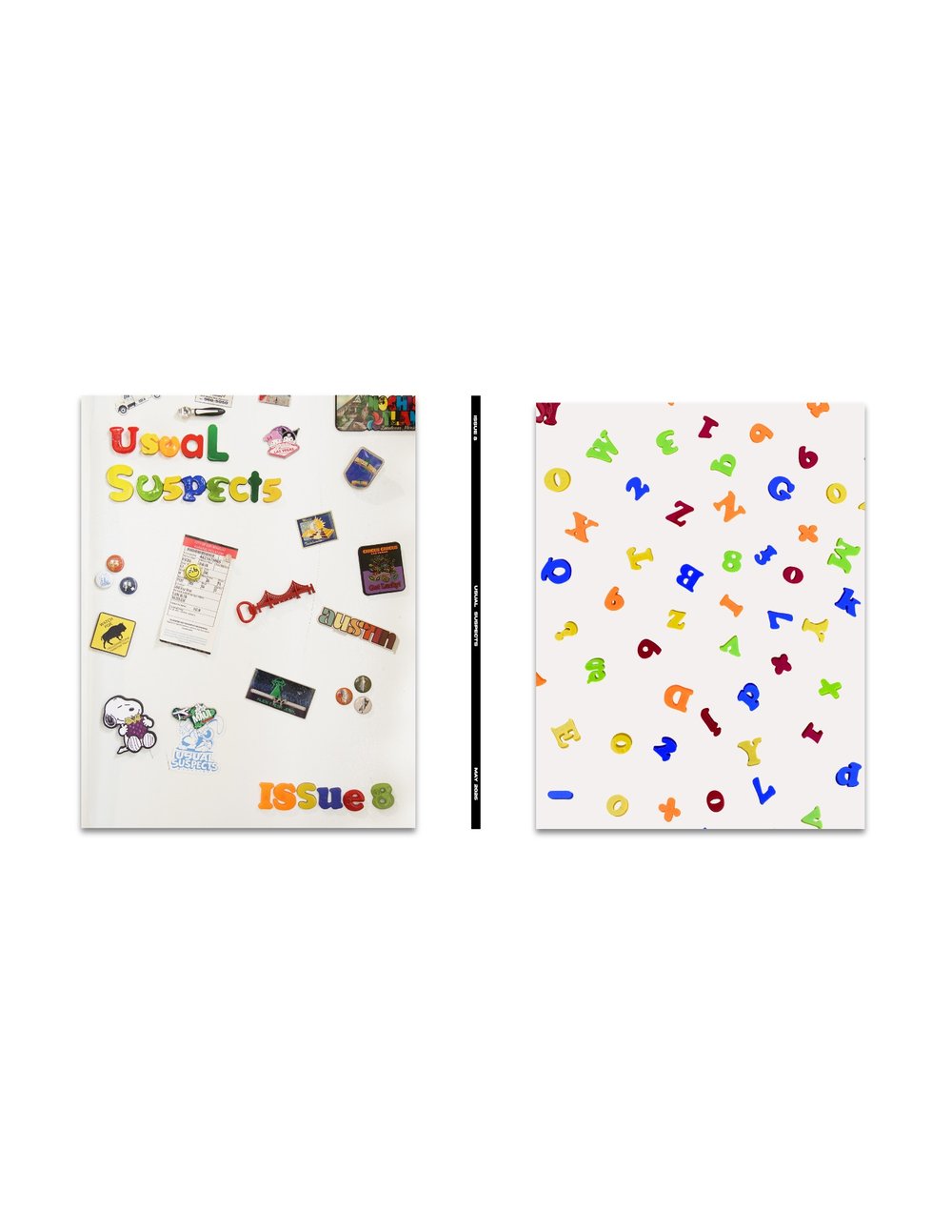 A two-sided notebook or journal shown flat against a white background. The left page features a white background decorated with various colorful stickers, magnets, and the text 'Usual Suspects' and 'Issue'.