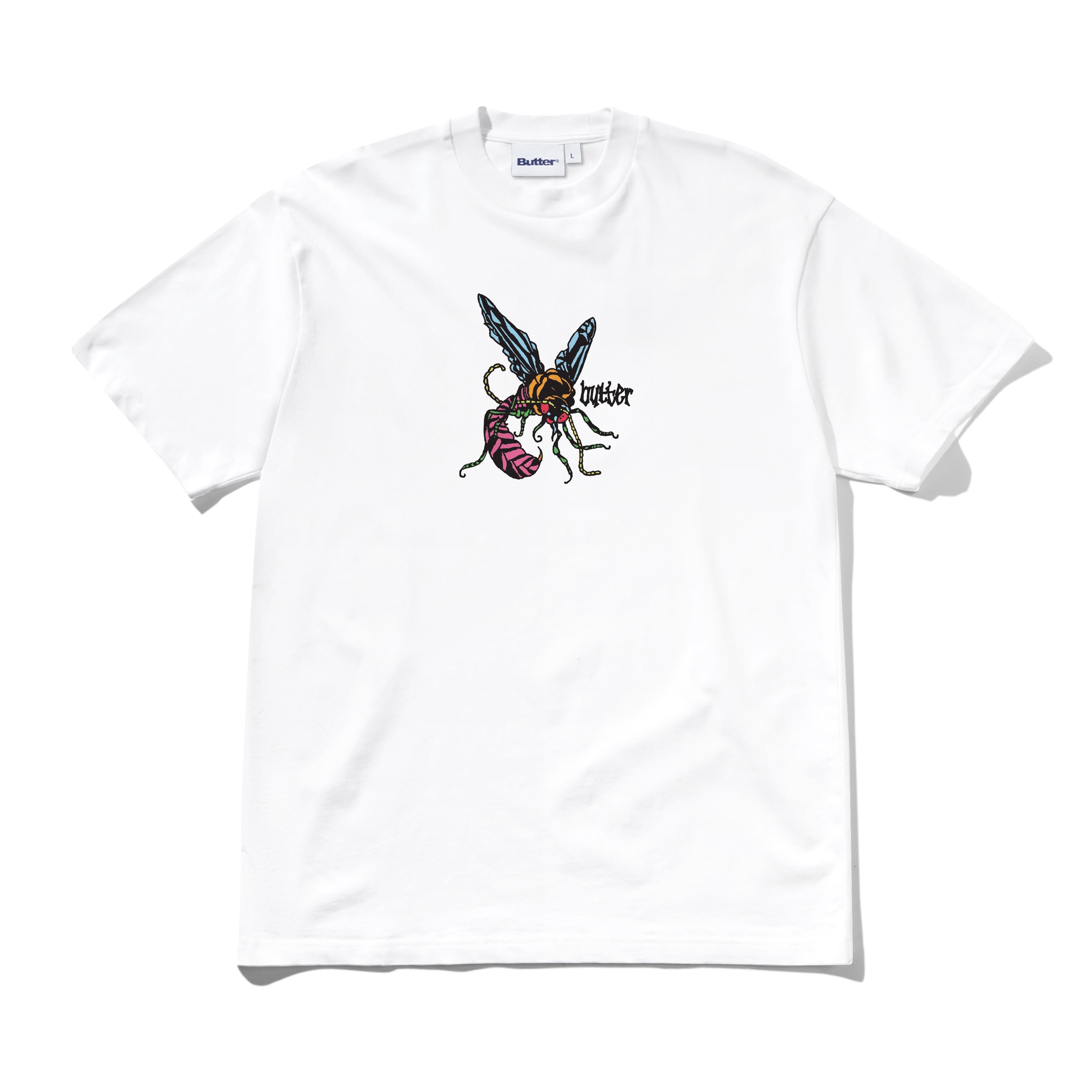 White butter goods t-shirt with colorful graphic design of a wasp on a white background