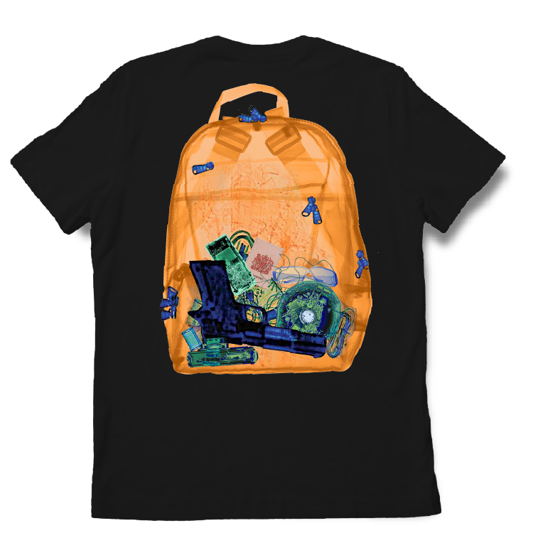Black t-shirt with a colorful backpack graphic on a white background