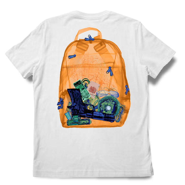 White t-shirt with a colorful backpack graphic on the back