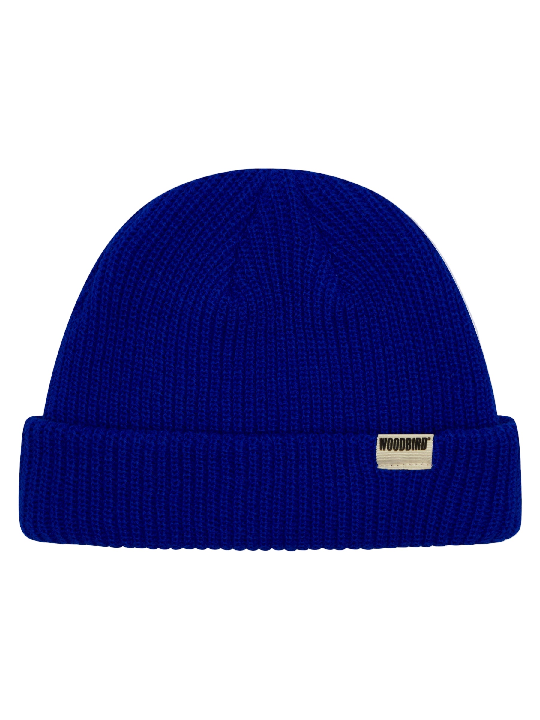 Blue beanie with a brand label on a white background