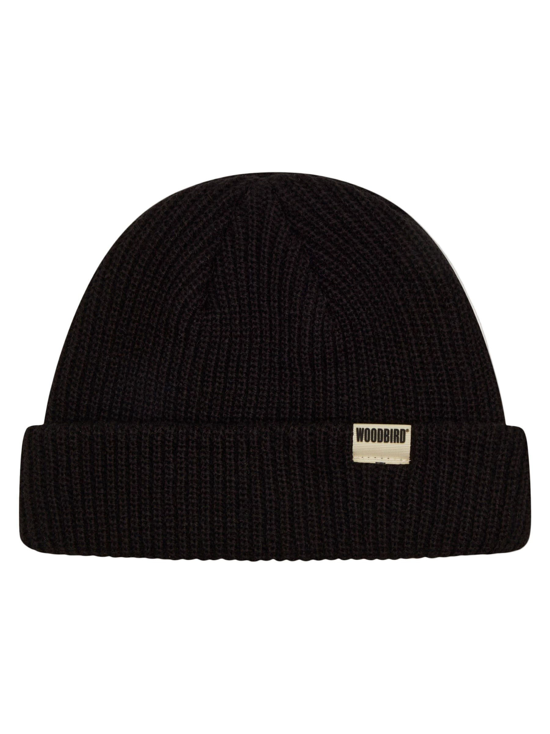 Black beanie with a brand logo on a beige background