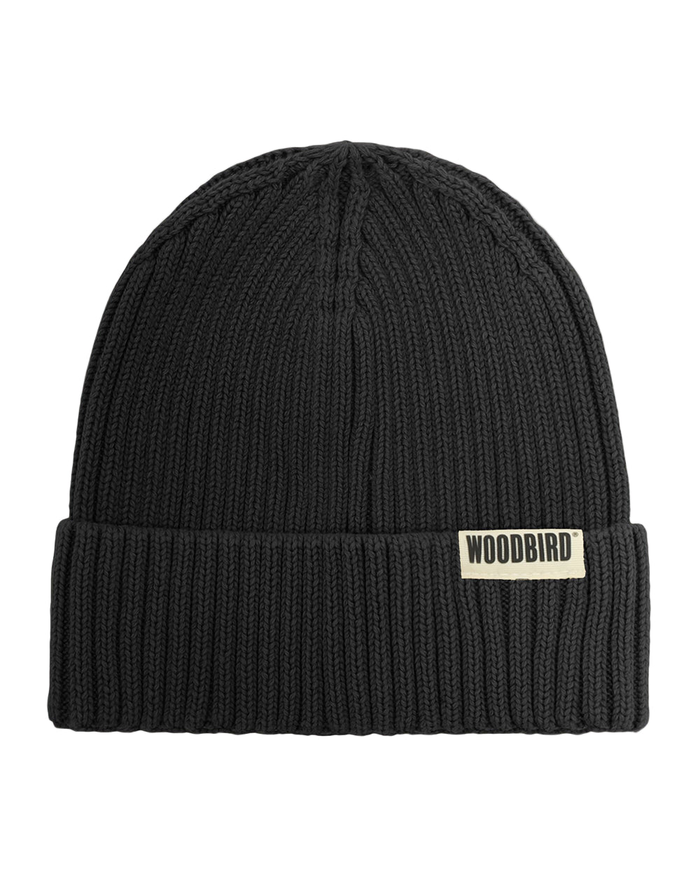 Black knit beanie with a visible brand label on a white background