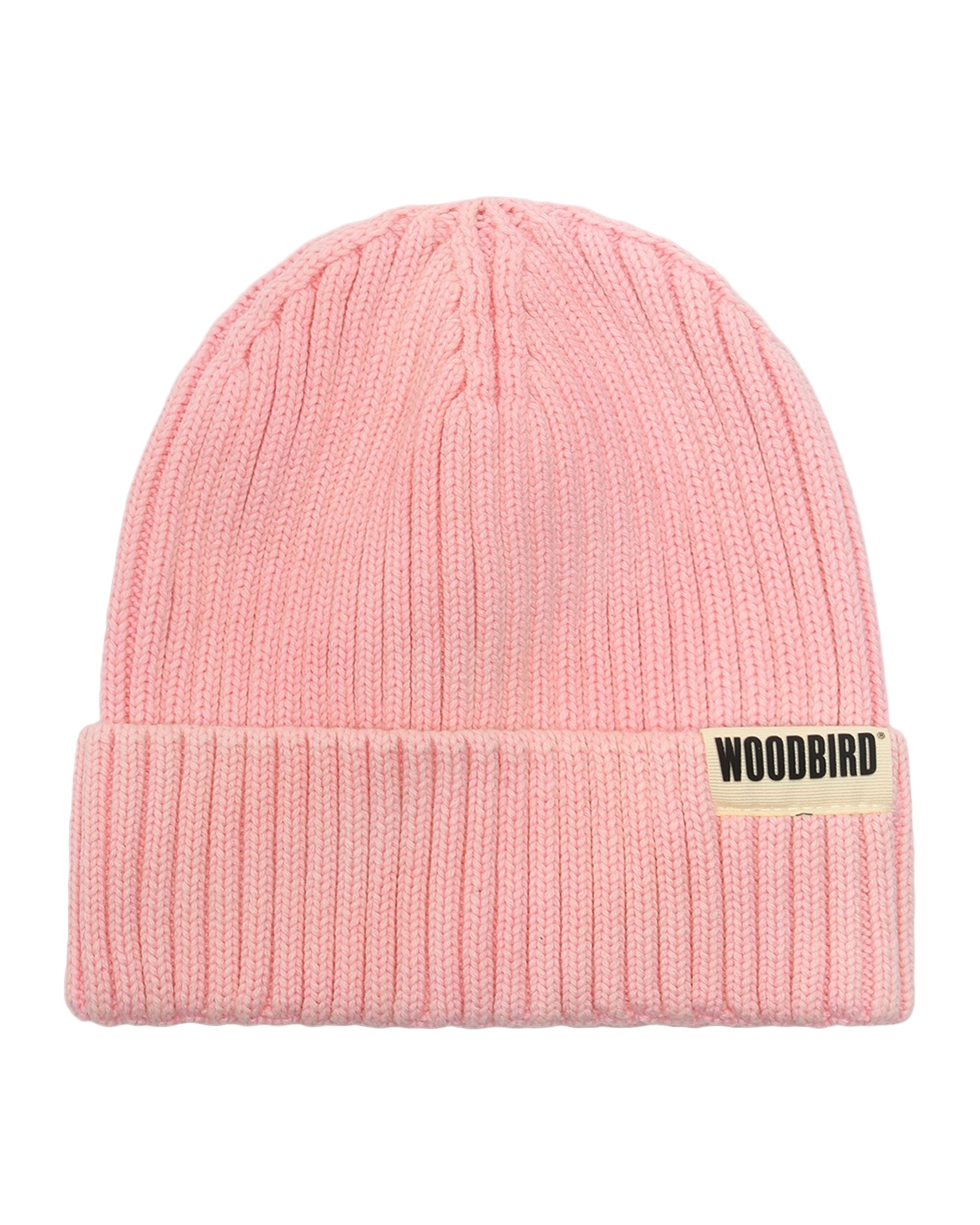 Pink beanie with a visible brand label on a white background