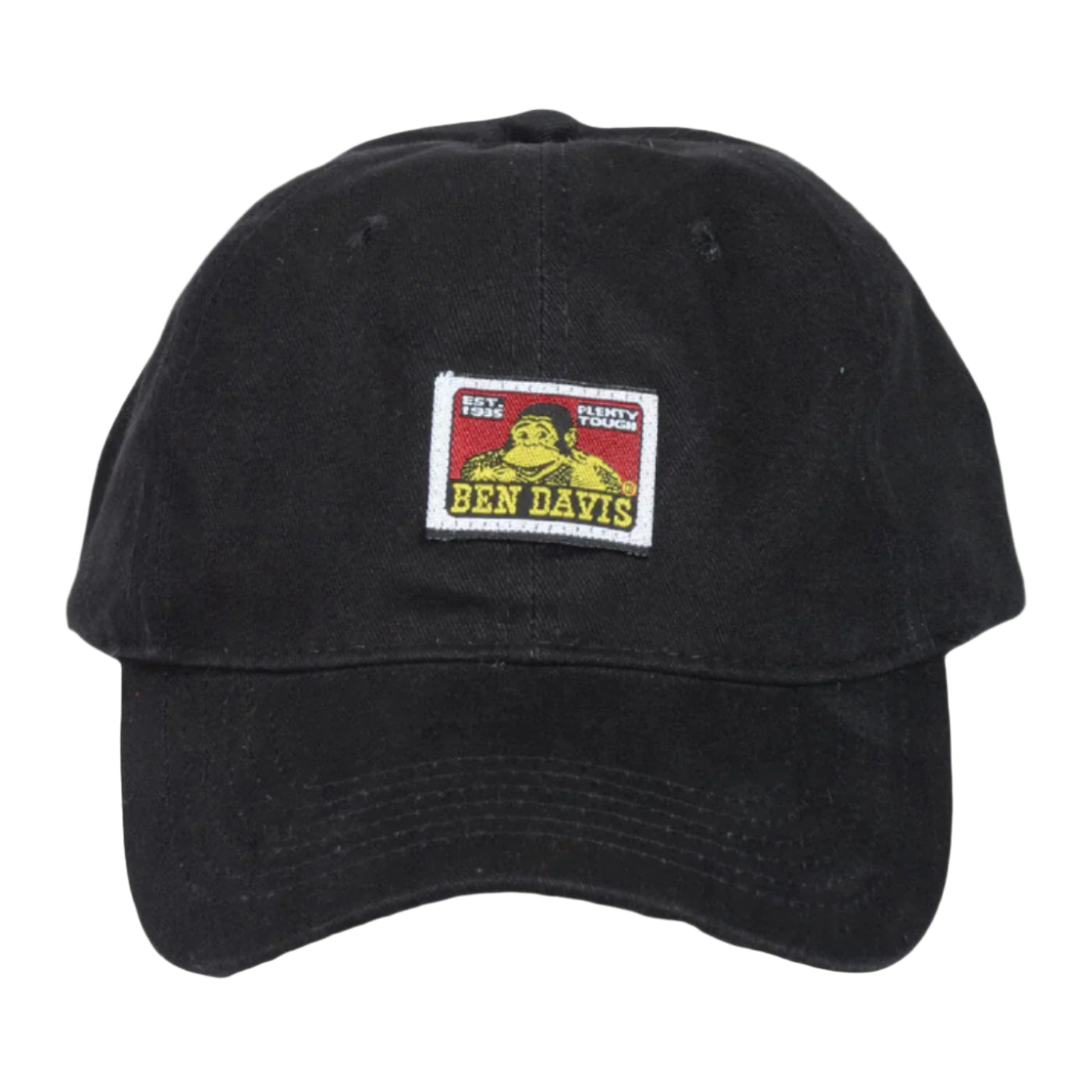 a baseball hat with a classic dad hat shape with a branded woven label on the front. 